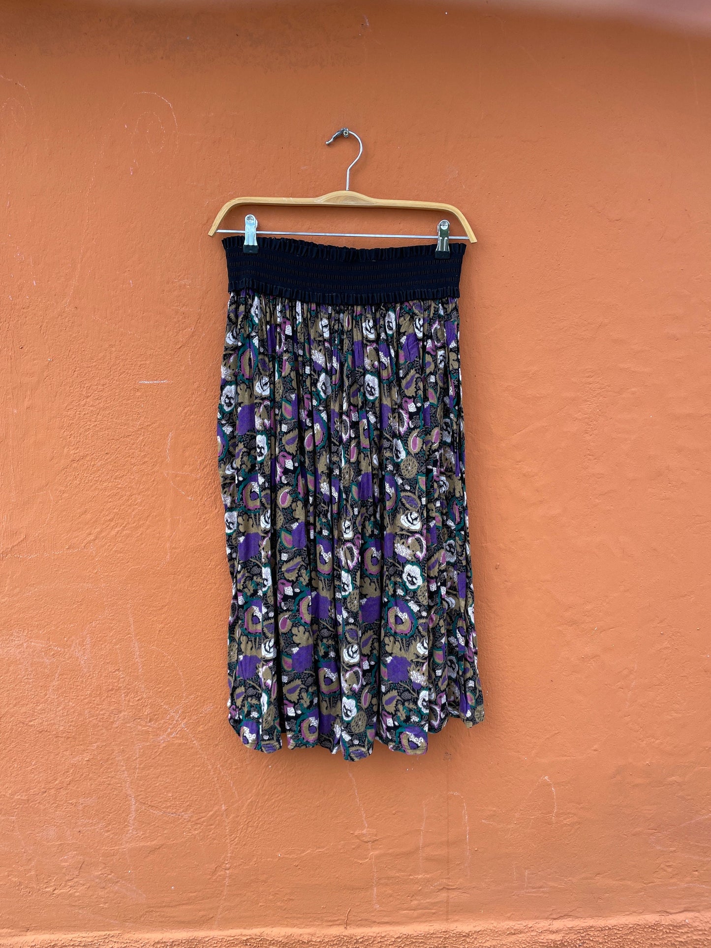 Vintage Boho Floral Skirt with Black High Waistband
