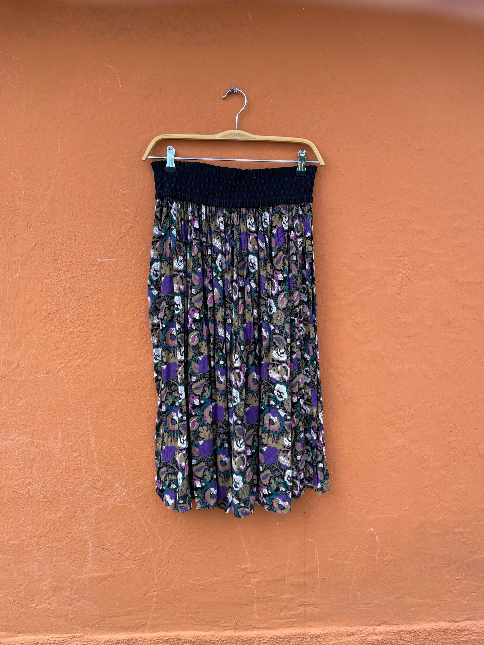 Vintage Boho Floral Skirt with Black High Waistband