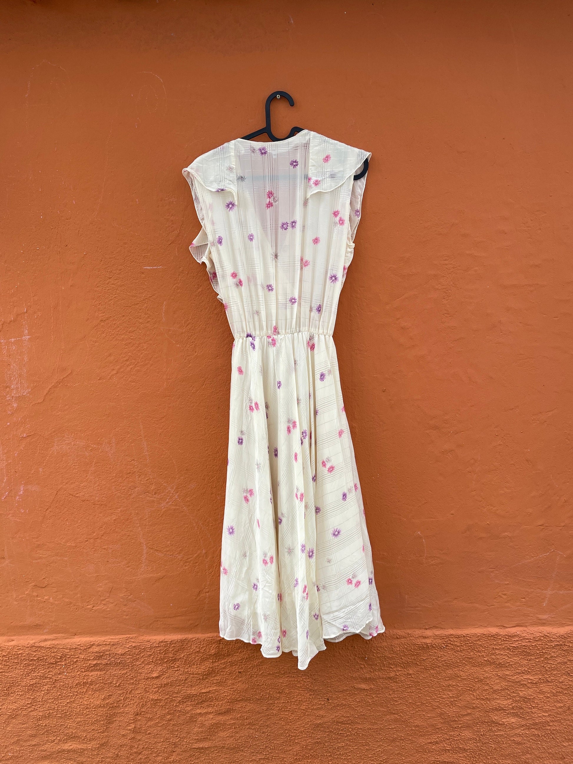 Vintage Handmade Floral Midi Dress with Ruffled V-Neckline, Wedding guest pastel dress,