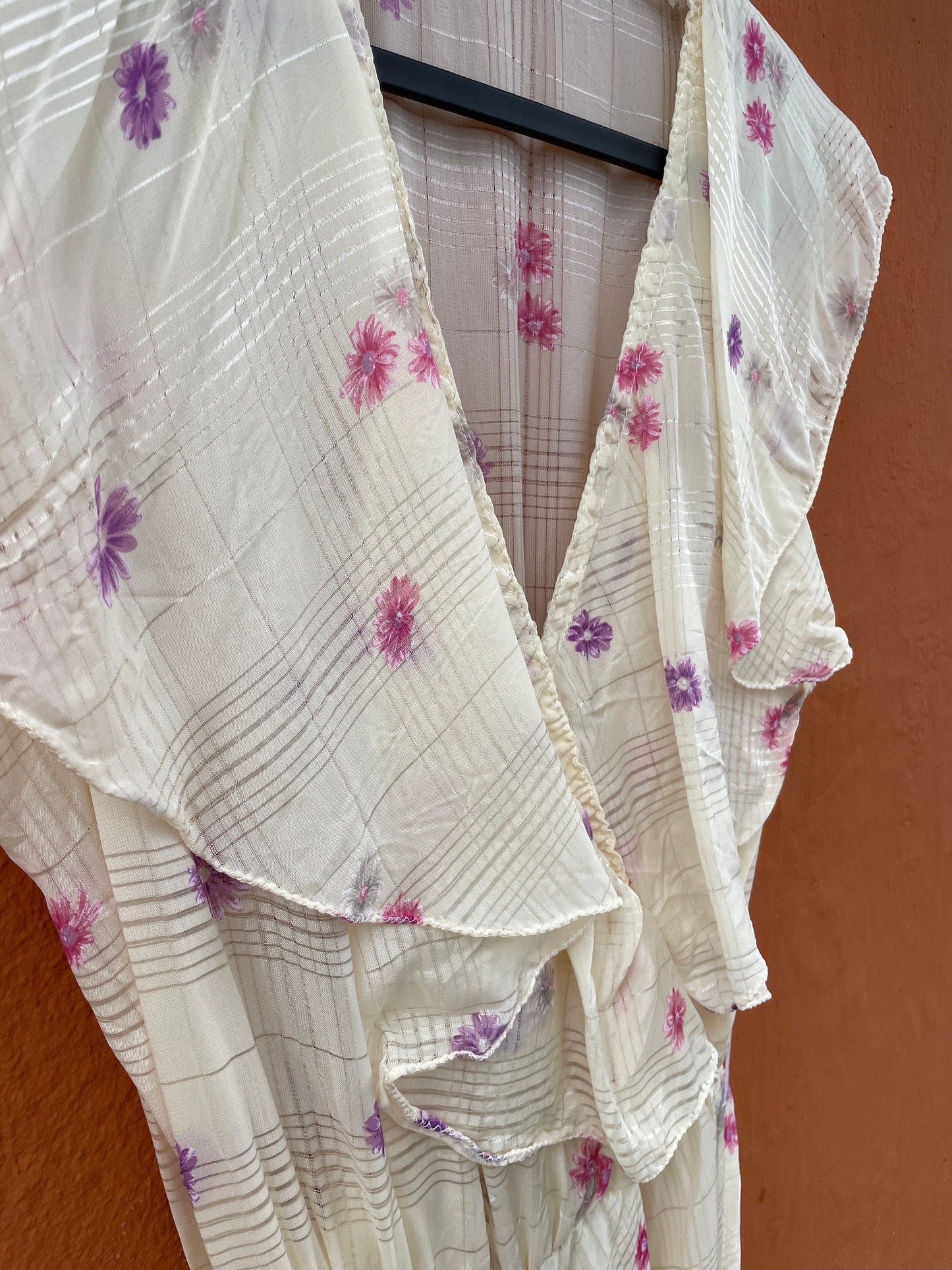 Vintage Handmade Floral Midi Dress with Ruffled V-Neckline, Wedding guest pastel dress,