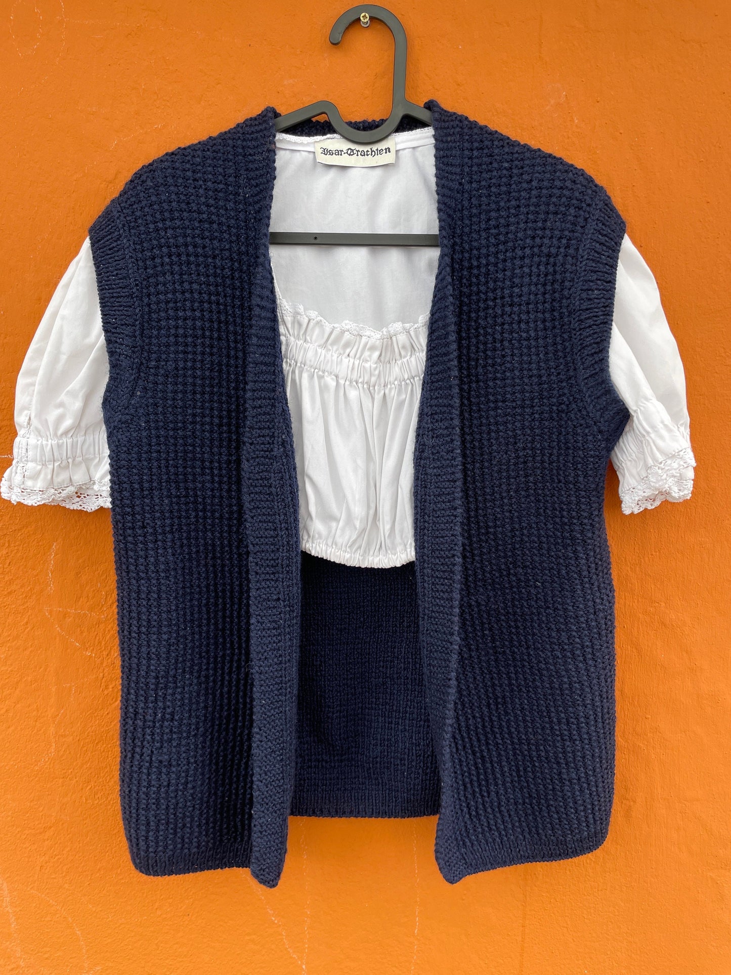 Vintage Navy Blue Hand-Knit Cardigan — fabric close-up