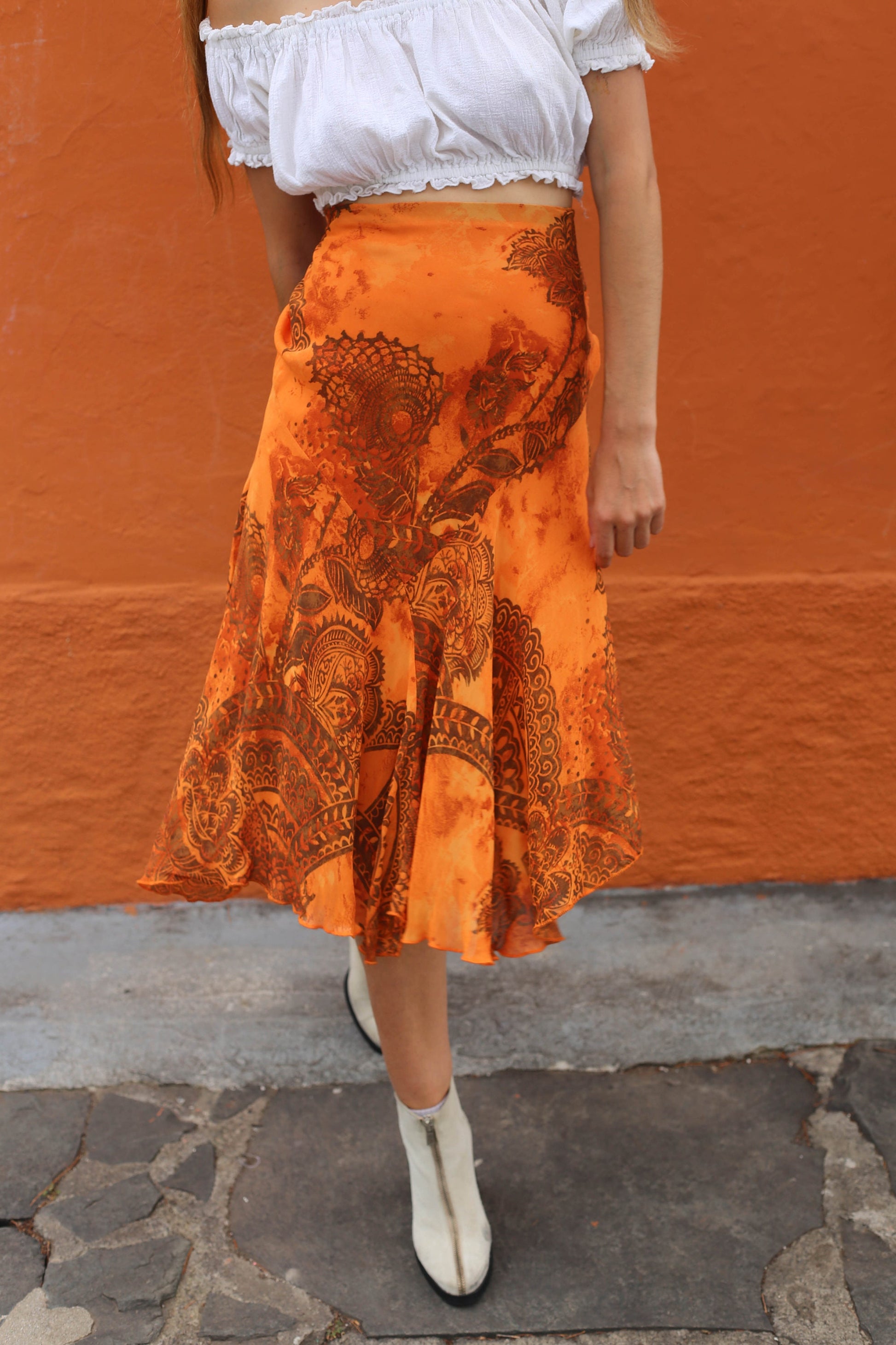 Y2K Vintage high waist midi skirt, 90s Orange Bohemian Skirt, High rise lightweight floral summer skirt