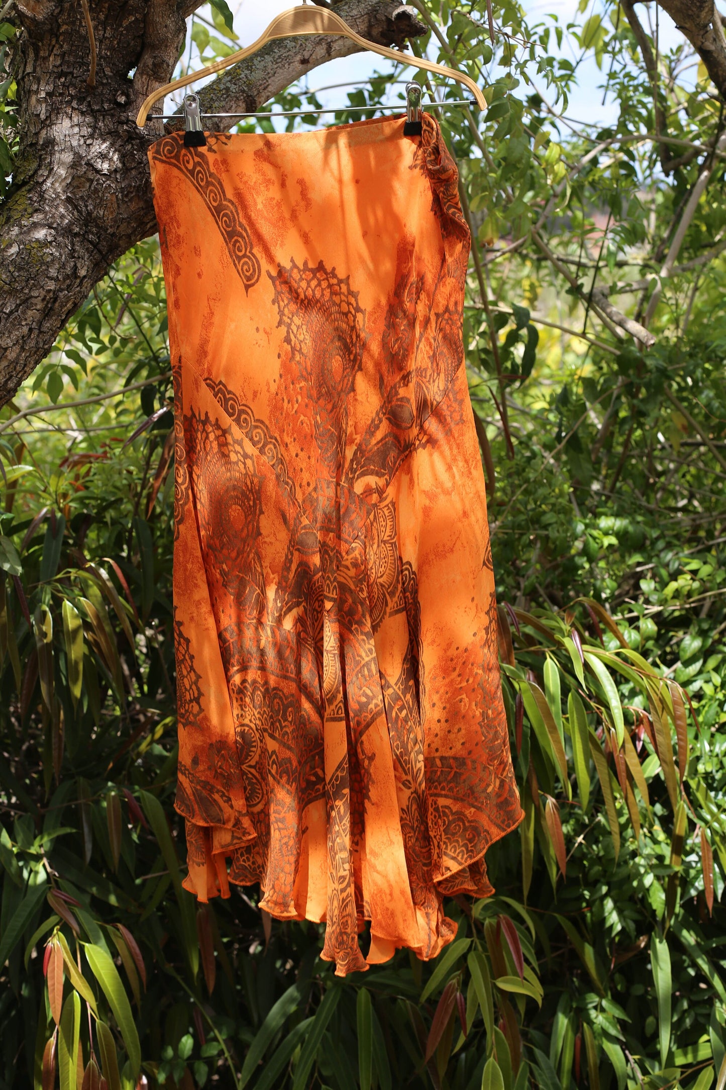 Y2K Vintage high waist midi skirt, 90s Orange Bohemian Skirt, High rise lightweight floral summer skirt