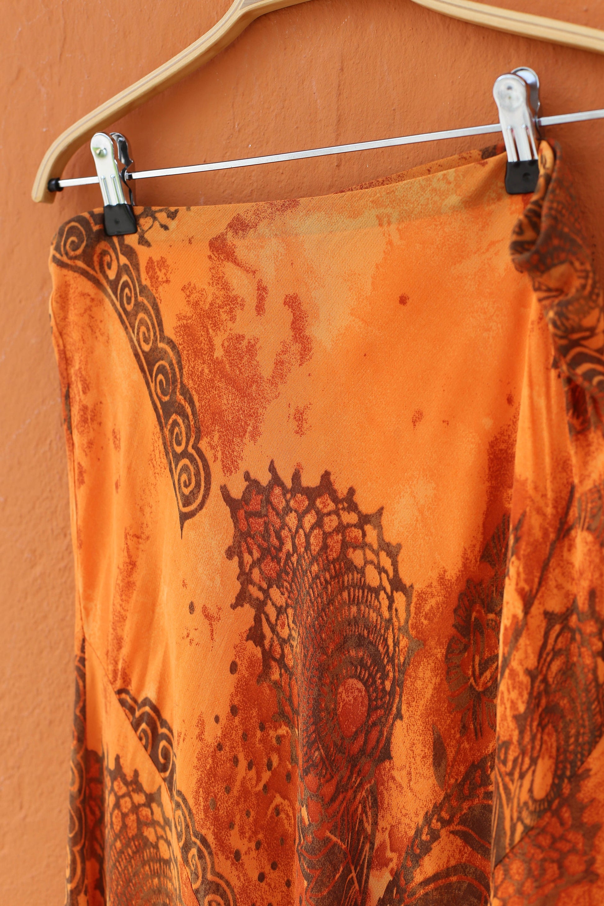 Y2K Vintage high waist midi skirt, 90s Orange Bohemian Skirt, High rise lightweight floral summer skirt