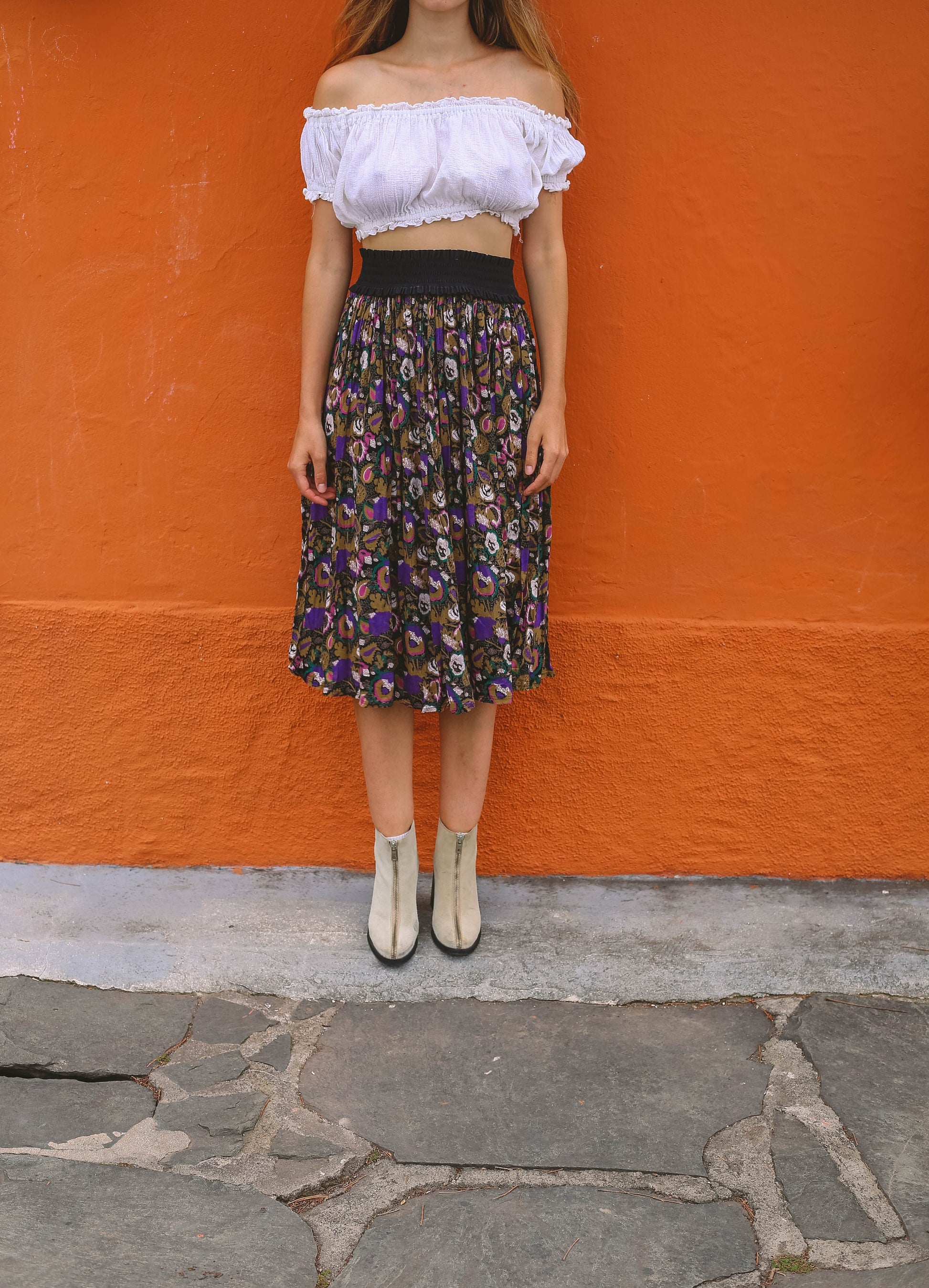 Vintage Boho Floral Skirt with Black High Waistband