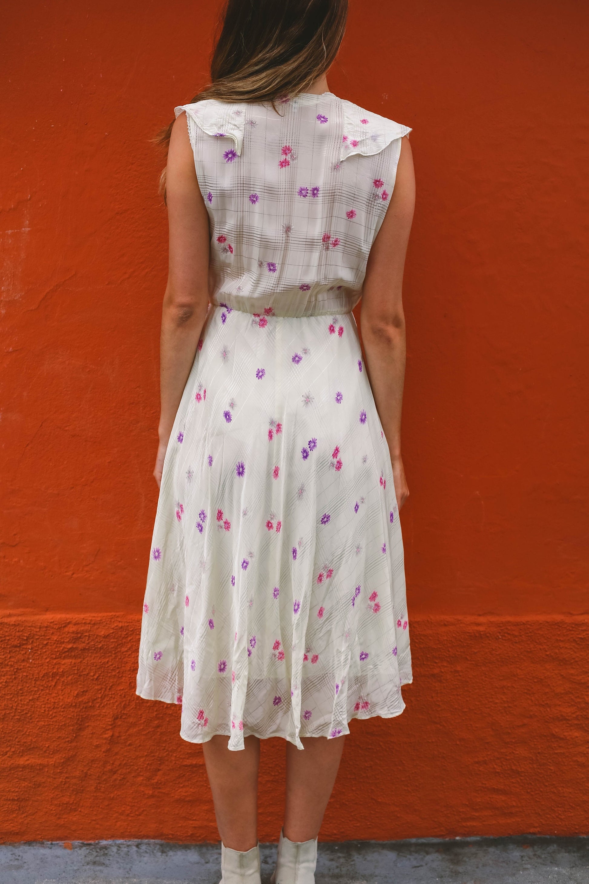 Vintage Handmade Floral Midi Dress with Ruffled V-Neckline, Wedding guest pastel dress,