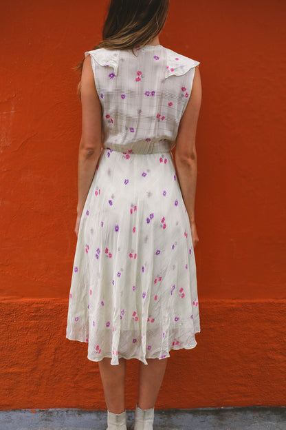 Vintage Handmade Floral Midi Dress with Ruffled V-Neckline, Wedding guest pastel dress,
