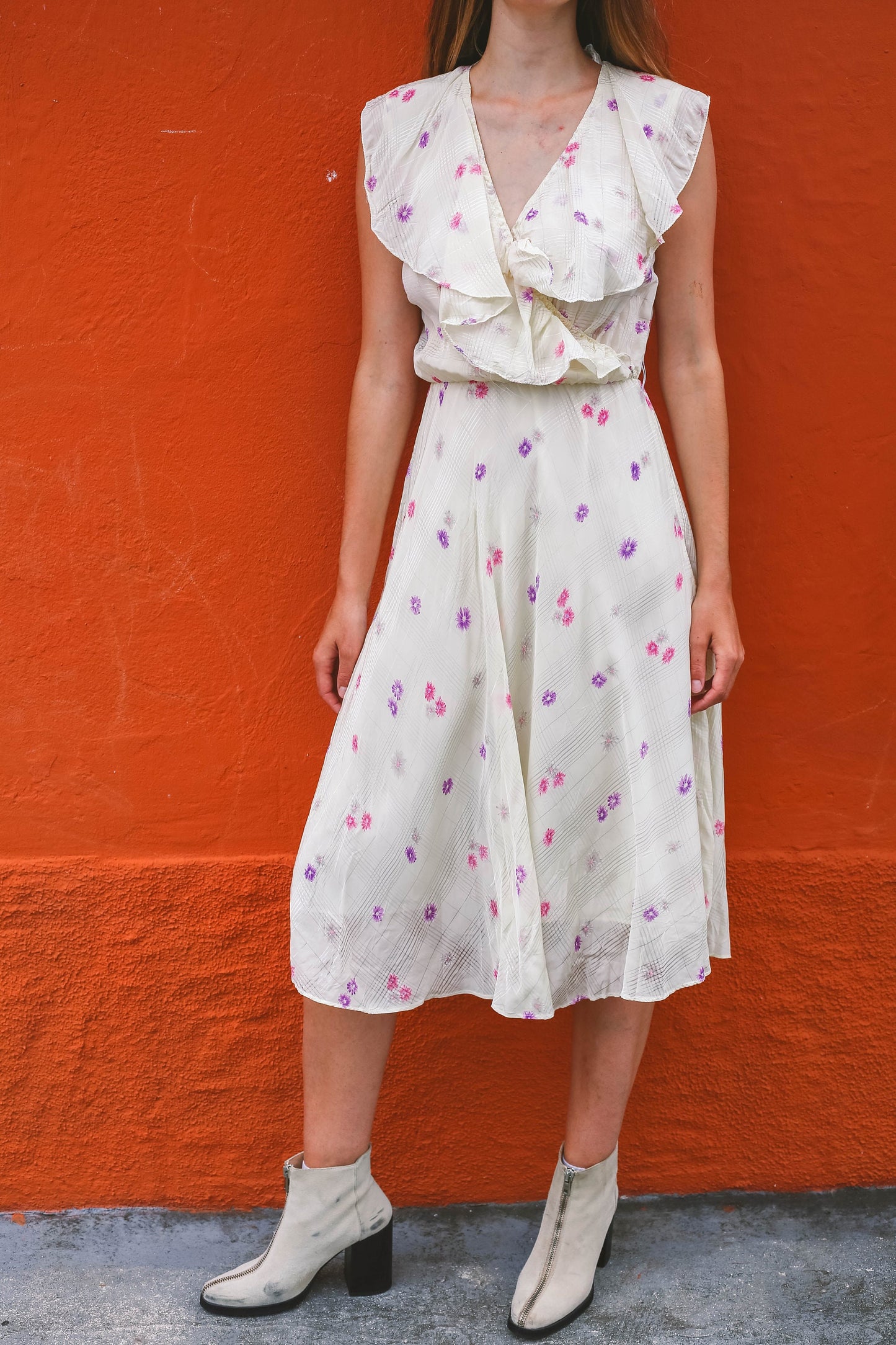 Vintage Handmade Floral Midi Dress with Ruffled V-Neckline, Wedding guest pastel dress,