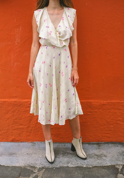 Vintage Handmade Floral Midi Dress with Ruffled V-Neckline, Wedding guest pastel dress,