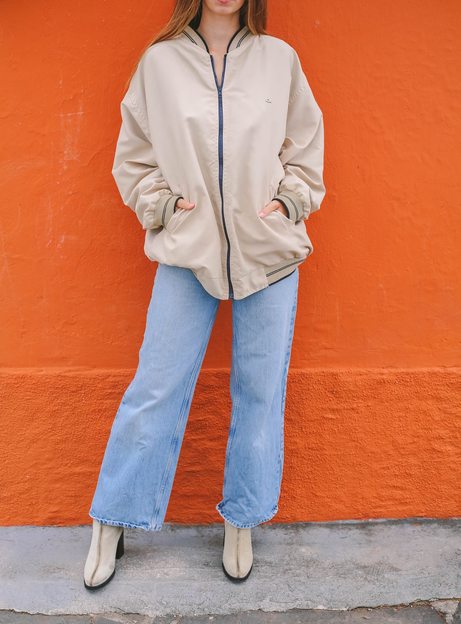 Vintage Lacoste Oversized Reversible Windbreaker Jacket, Men's XXL, Beige and Navy Blue, 80s 90s Fashion, Retro Sportswear