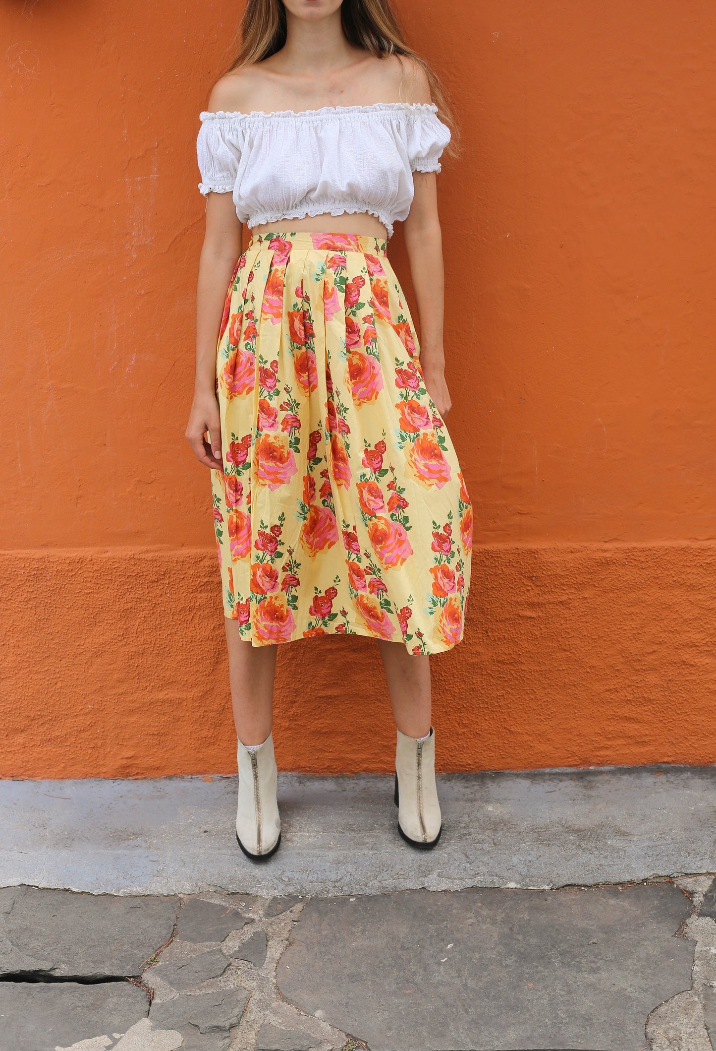 Retro yellow floral midi high waist skirt, Vintage Ungaro Ter Paris pleated wedding guest skirt, Summer picnic designer wear, Made in Italy