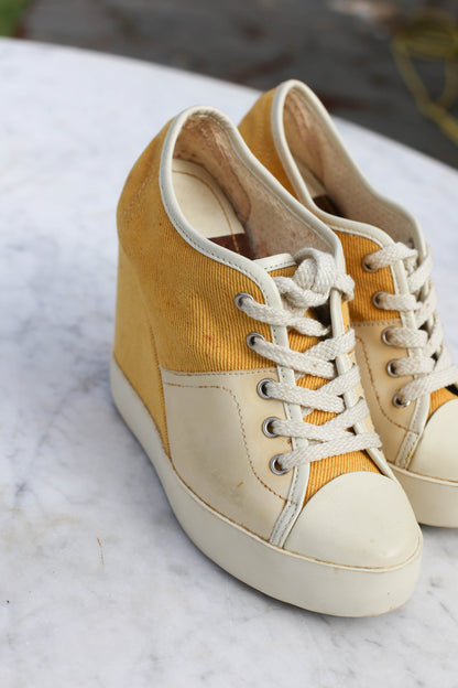 Vintage See By Chloé Yellow Wedge Sneakers — fabric close-up