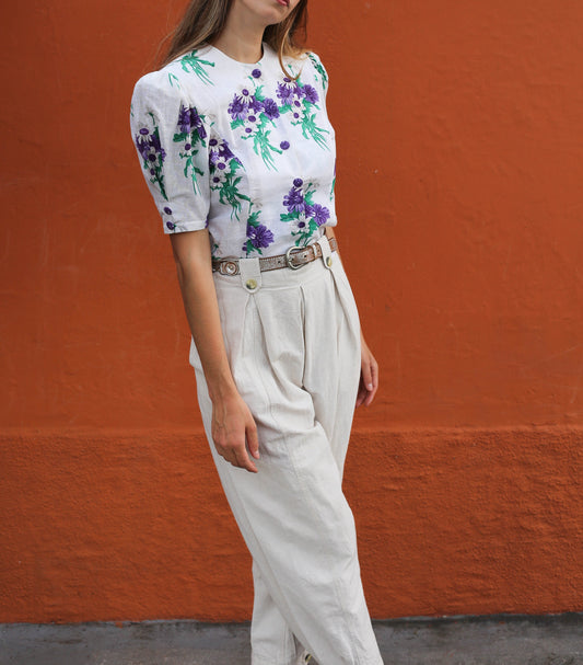 Purple and white french floral antique woman blouse, Vintage Cottage core romantic top, (US 6–8),