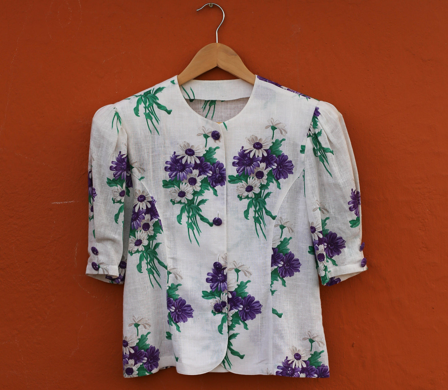 Purple and white french floral antique woman blouse, Vintage Cottage core romantic top, (US 6–8),
