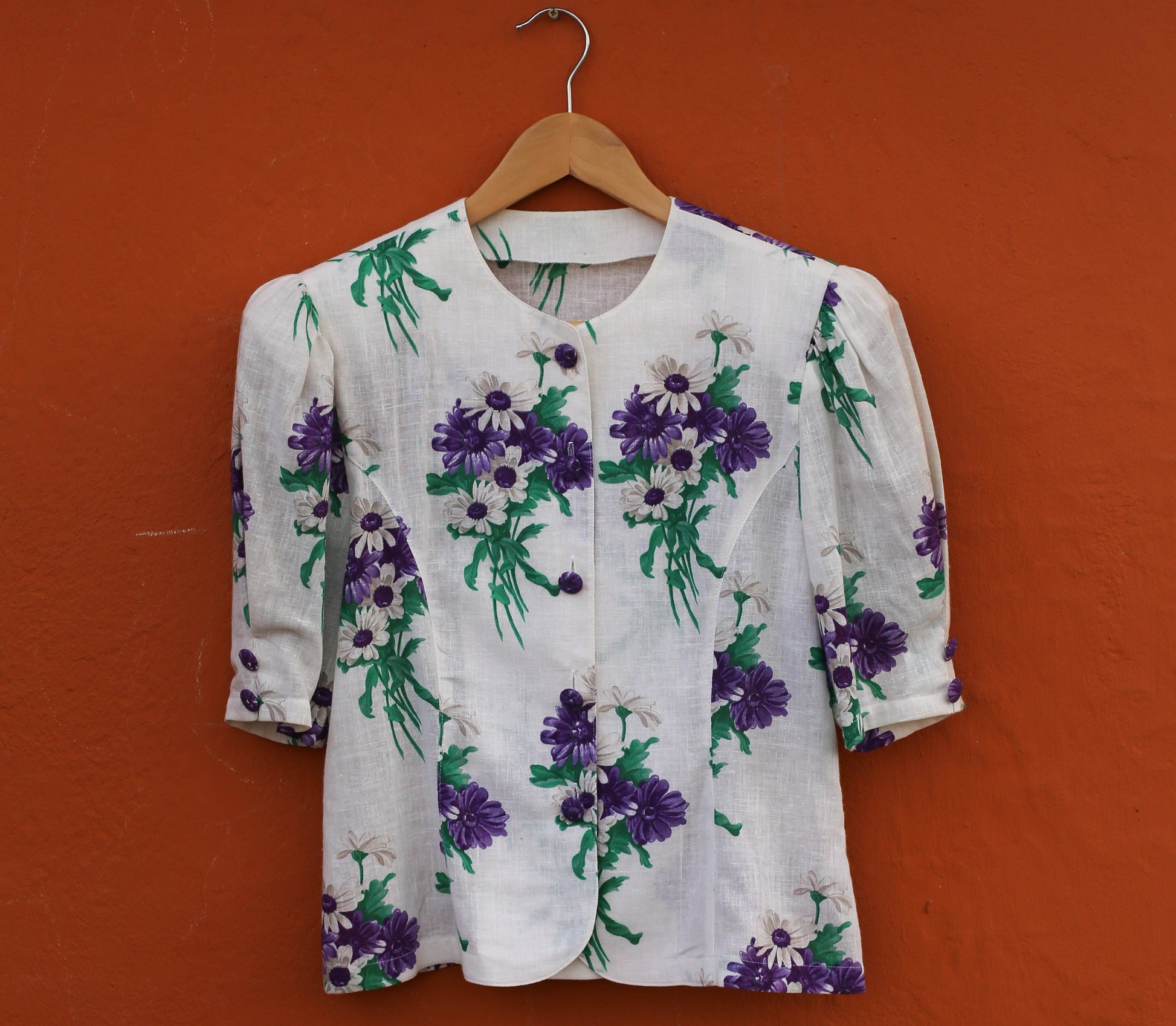 Purple and white french floral antique woman blouse, Vintage Cottage core romantic top, (US 6–8),