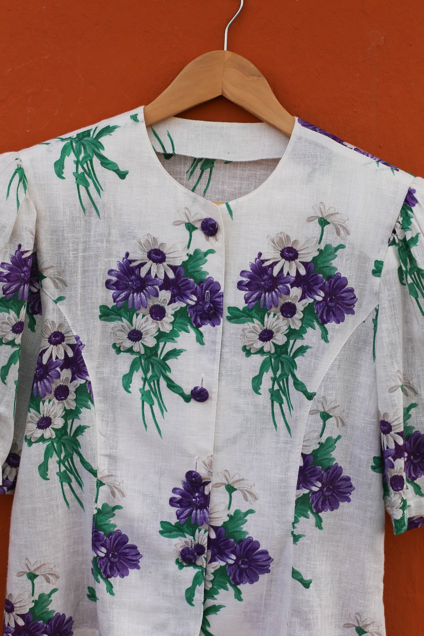 Purple and white french floral antique woman blouse, Vintage Cottage core romantic top, (US 6–8),