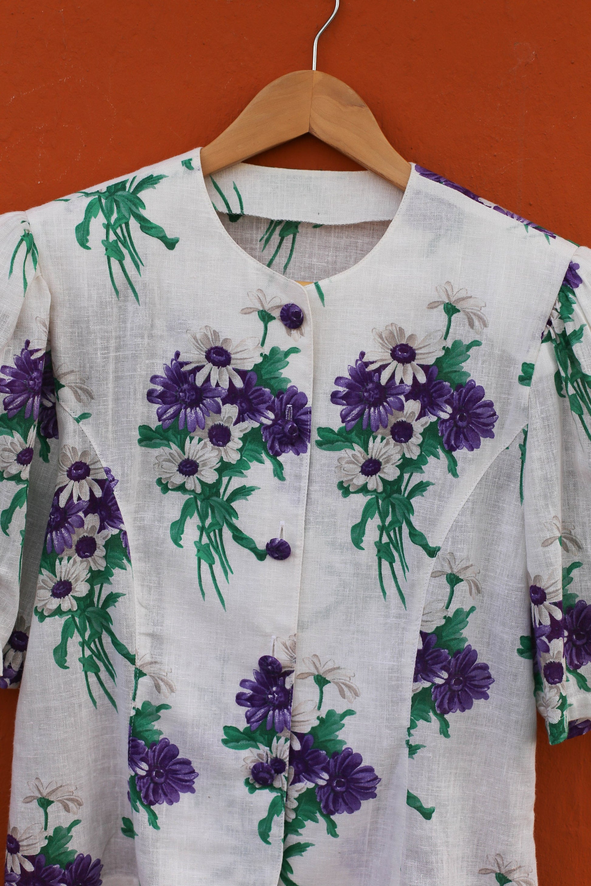 Purple and white french floral antique woman blouse, Vintage Cottage core romantic top, (US 6–8),