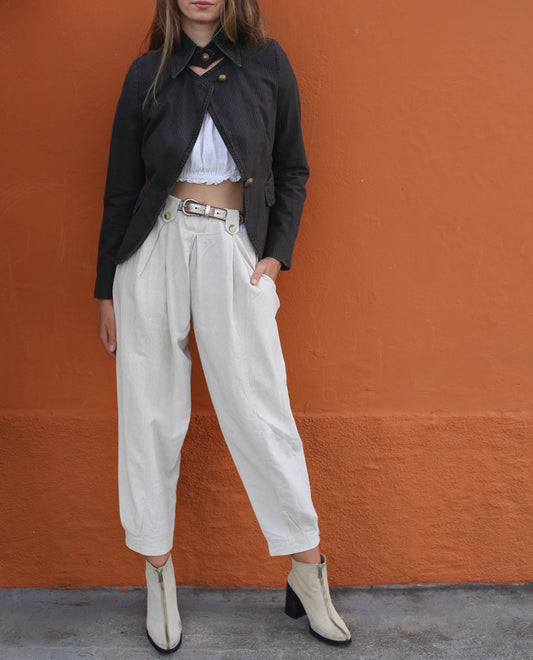 Vintage DRYKORN Brown Pinstripe Blazer XS - Cropped Cotton Jacket with Fitted Silhouette & Statement Buttons for Trendy Stylish Look