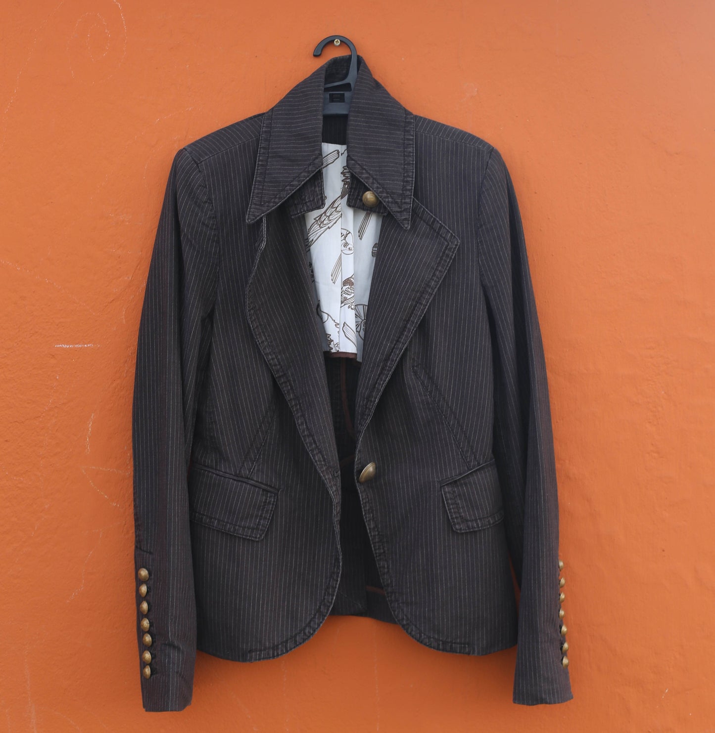 Vintage DRYKORN Brown Pinstripe Blazer XS - Cropped Cotton Jacket with Fitted Silhouette & Statement Buttons for Trendy Stylish Look