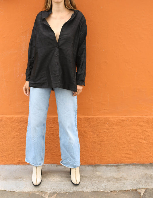 Vintage Balloon Silk Blouse – 100% Silk, Oversized Minimalist Shirt with Removable Shoulder Pads