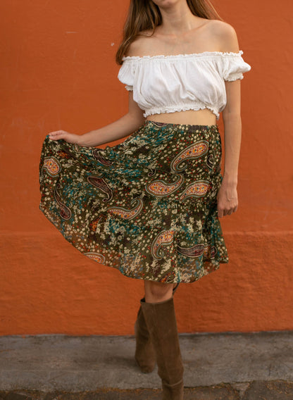 Boho Chic Vintage Paisley Silk Midi Skirt — back view