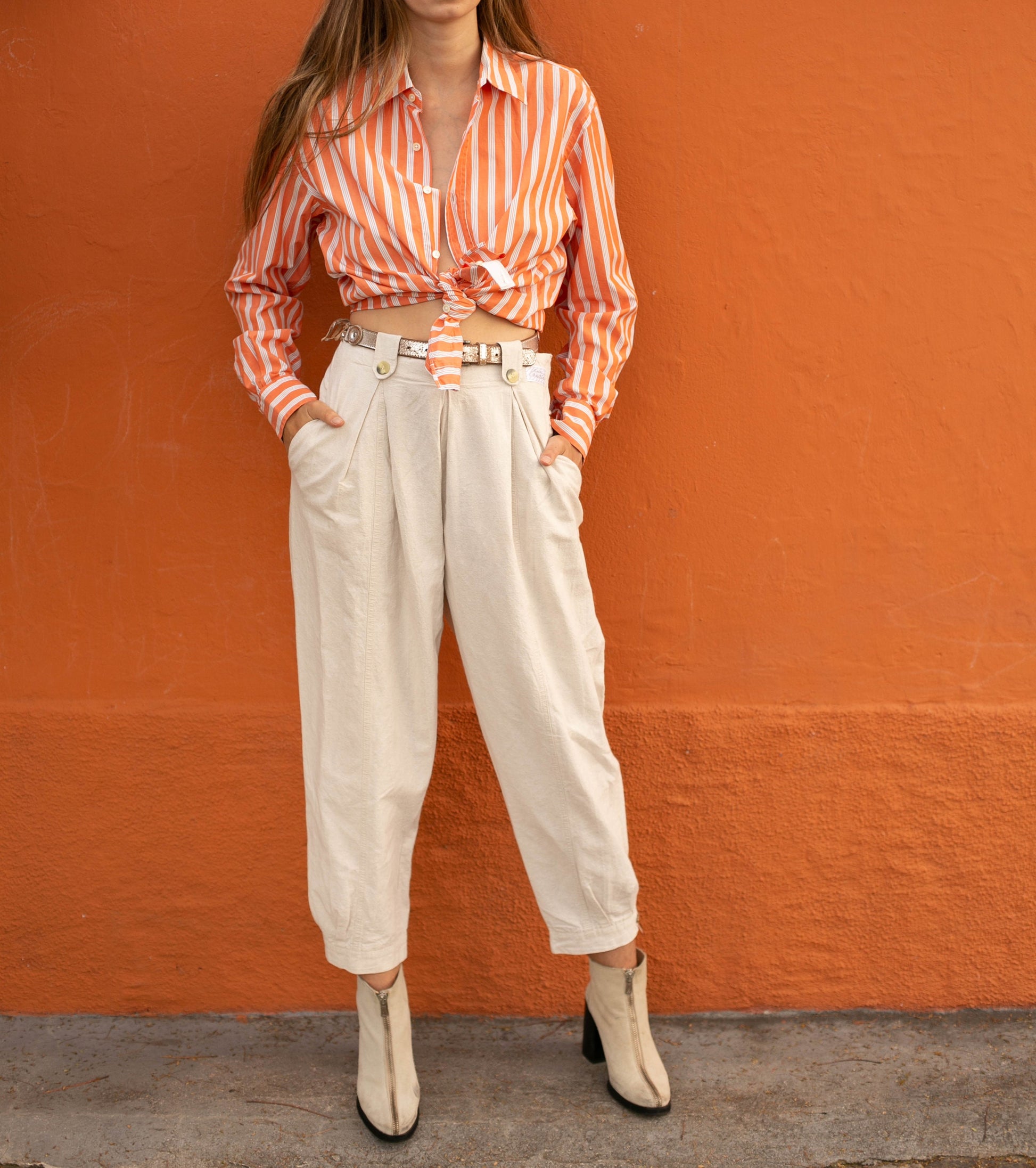 Vintage Massimo Dutti Coral Striped Shirt – Oversized Button-Up Blouse (EU 42)