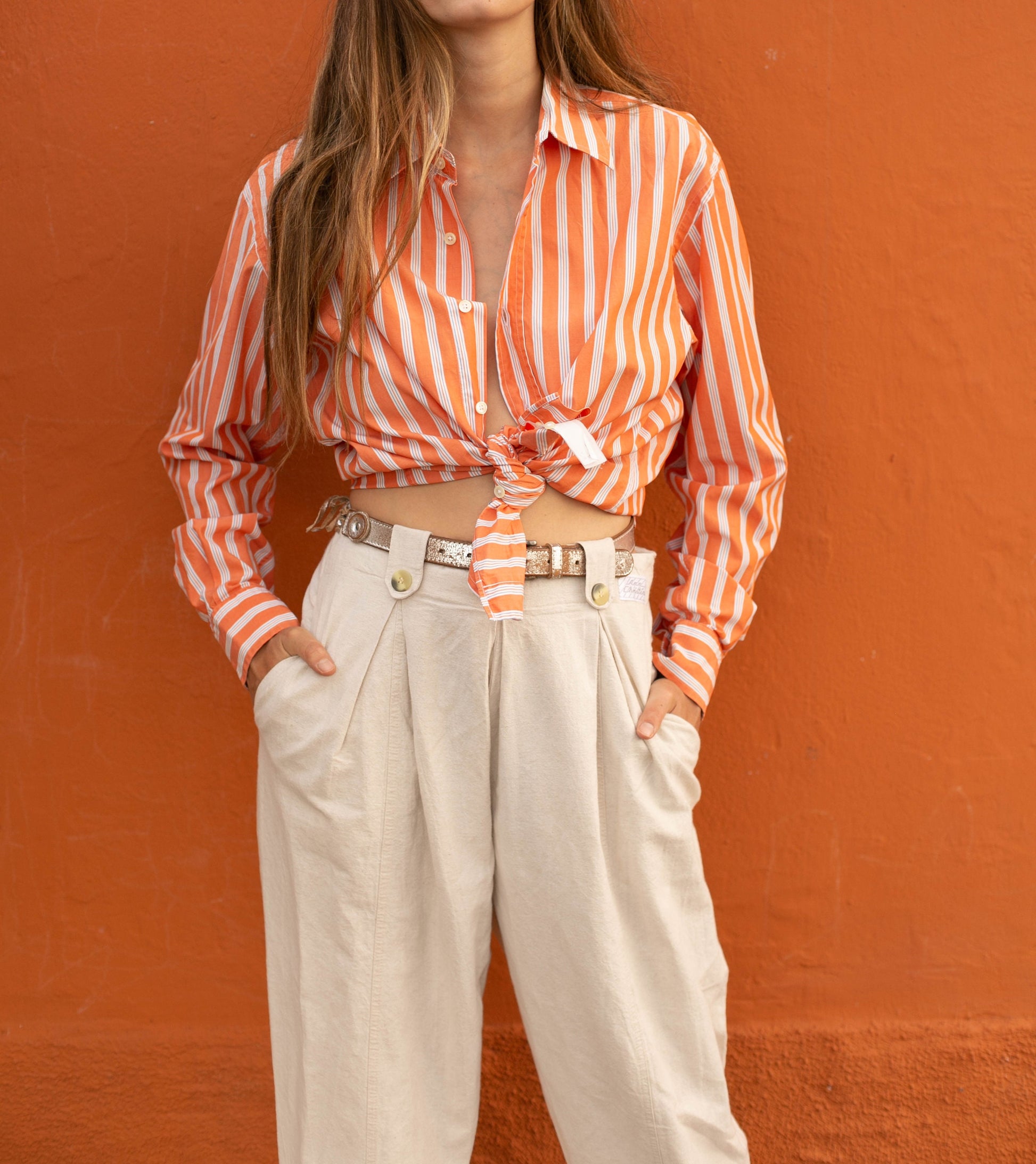 Vintage Massimo Dutti Coral Striped Shirt – Oversized Button-Up Blouse (EU 42)