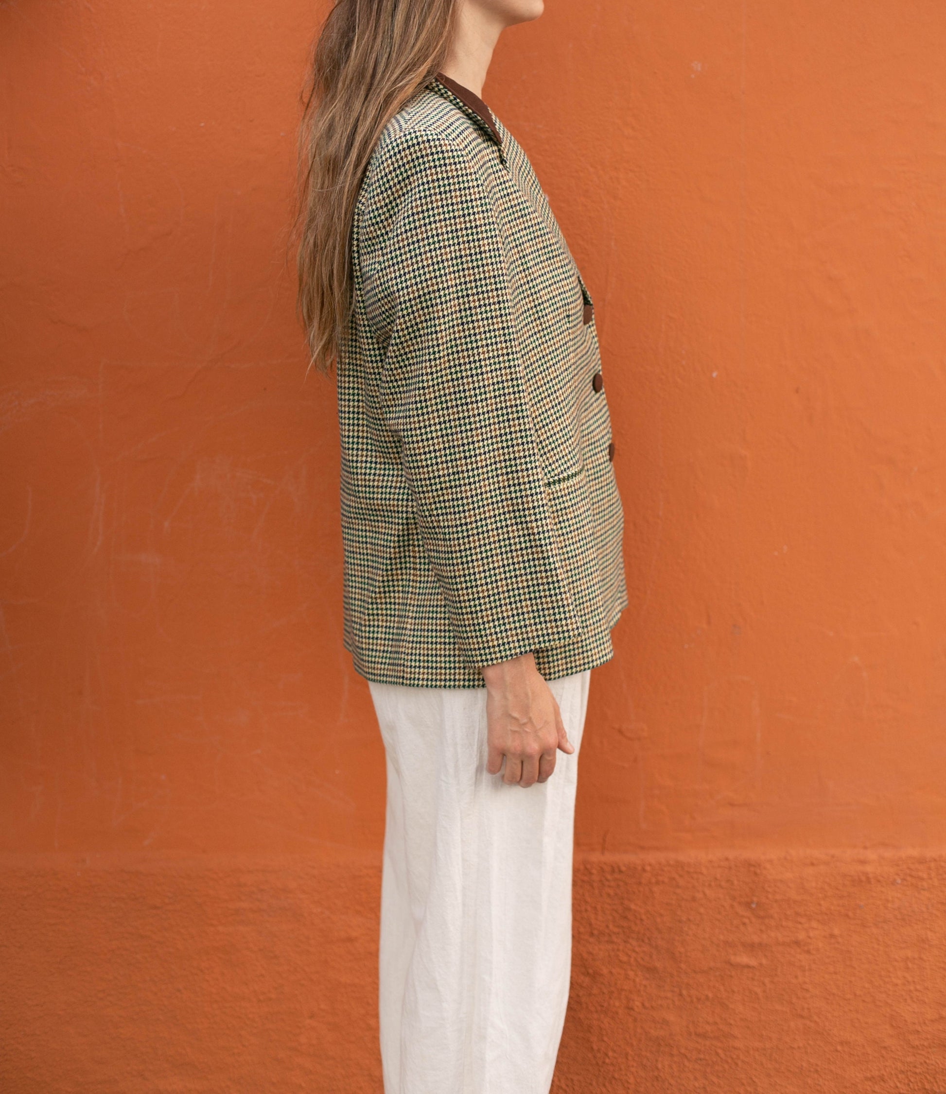 Italian Tweed Blazer with Padded Shoulders - Vintage Elegance, Oversized woman blazer, Houndstooth plaid pattern, US XL