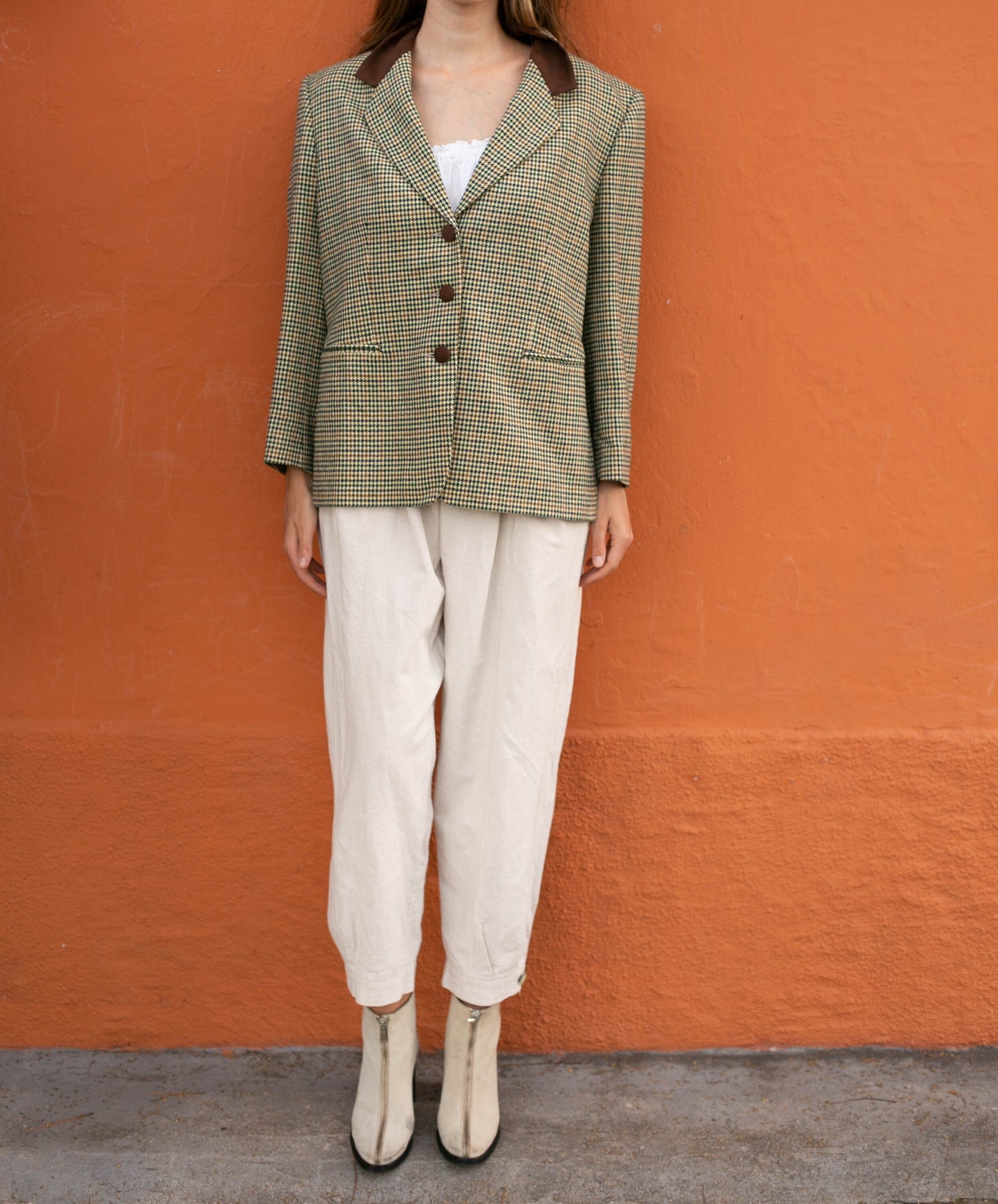 Italian Tweed Blazer with Padded Shoulders - Vintage Elegance, Oversized woman blazer, Houndstooth plaid pattern, US XL