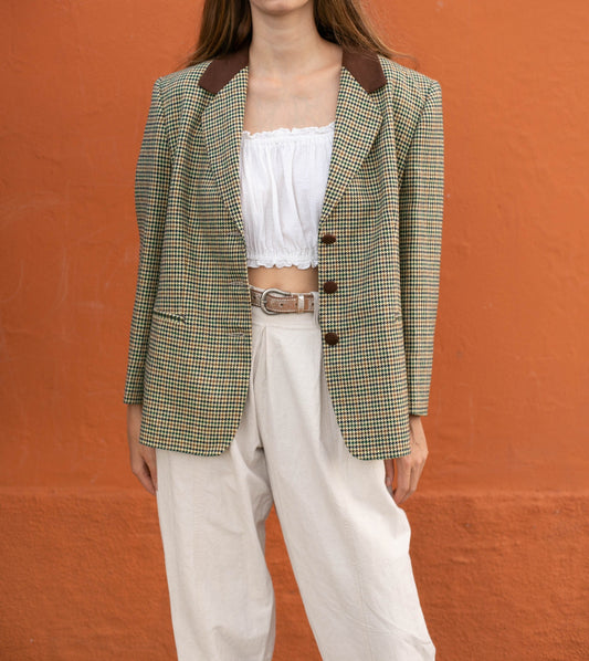 Italian Tweed Blazer with Padded Shoulders - Vintage Elegance, Oversized woman blazer, Houndstooth plaid pattern, US XL