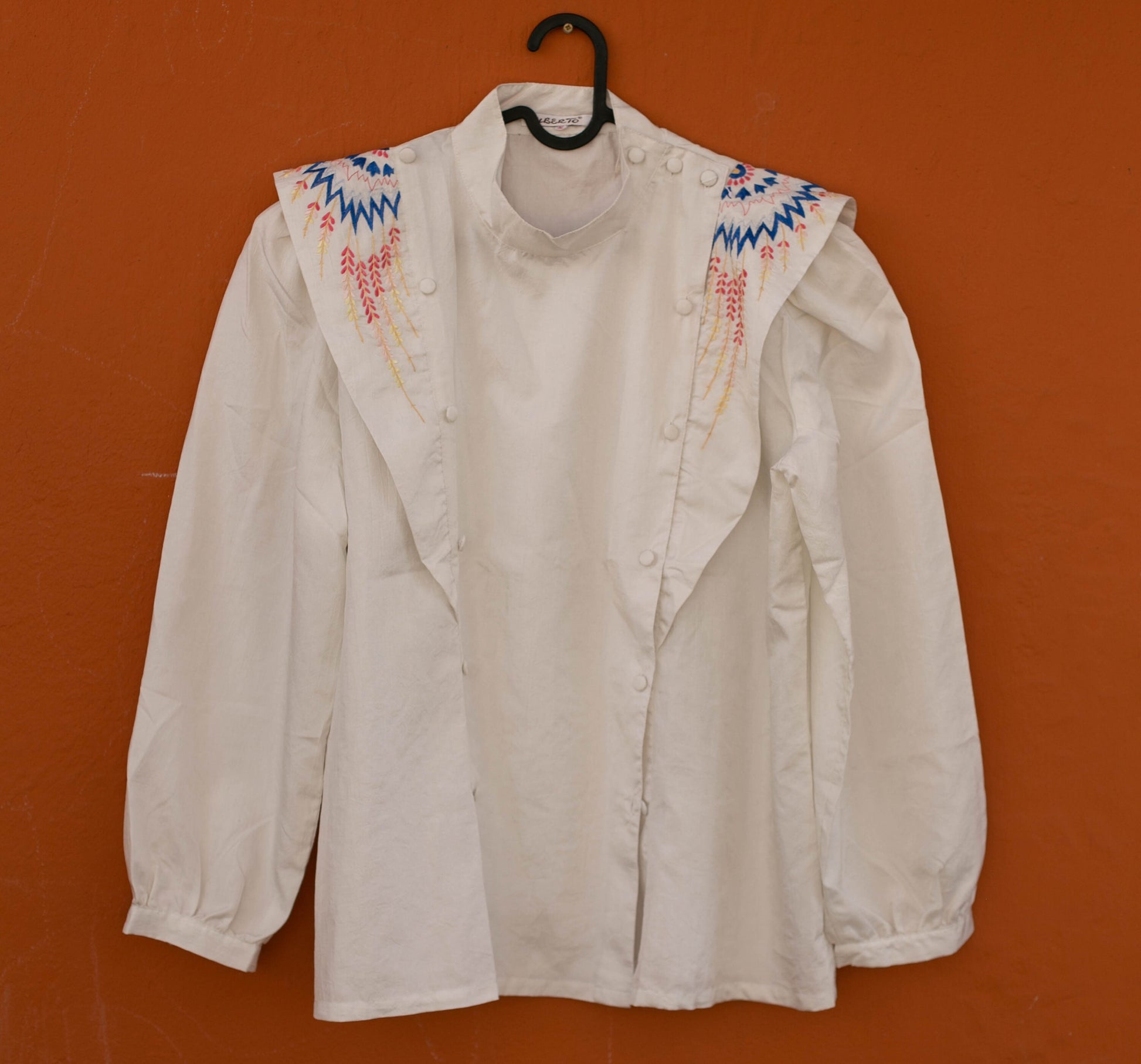 80s vintage woman blouse with shoulders, Bohemian Embroidered Blouse, Statement piece button up top, Vintage woman clothing