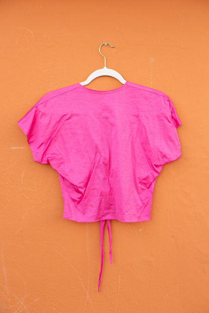 Vibrant Pink Vintage V-Neck Tie-Front Blouse — additional view 7