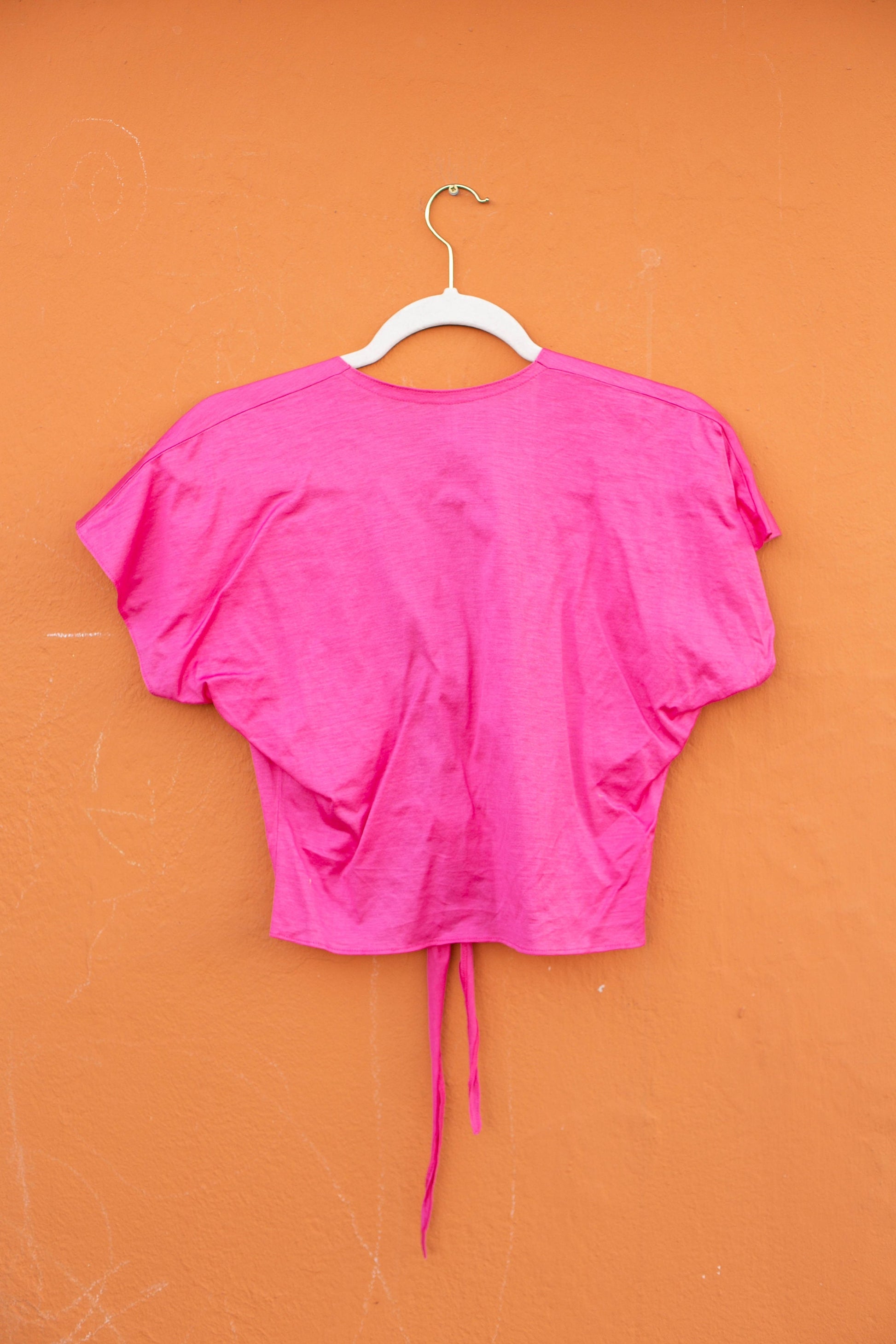Vibrant Pink Cropped Tie-Front Blouse, Vintage Barbiecore V-Neck Top