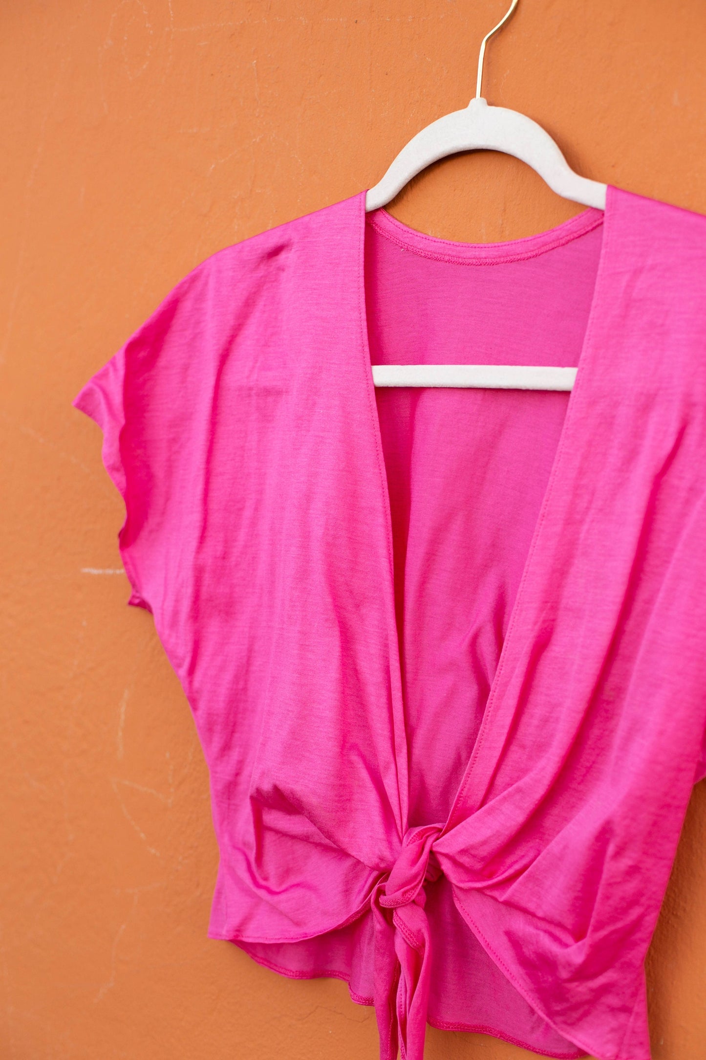 Vibrant Pink Cropped Tie-Front Blouse, Vintage Barbiecore V-Neck Top