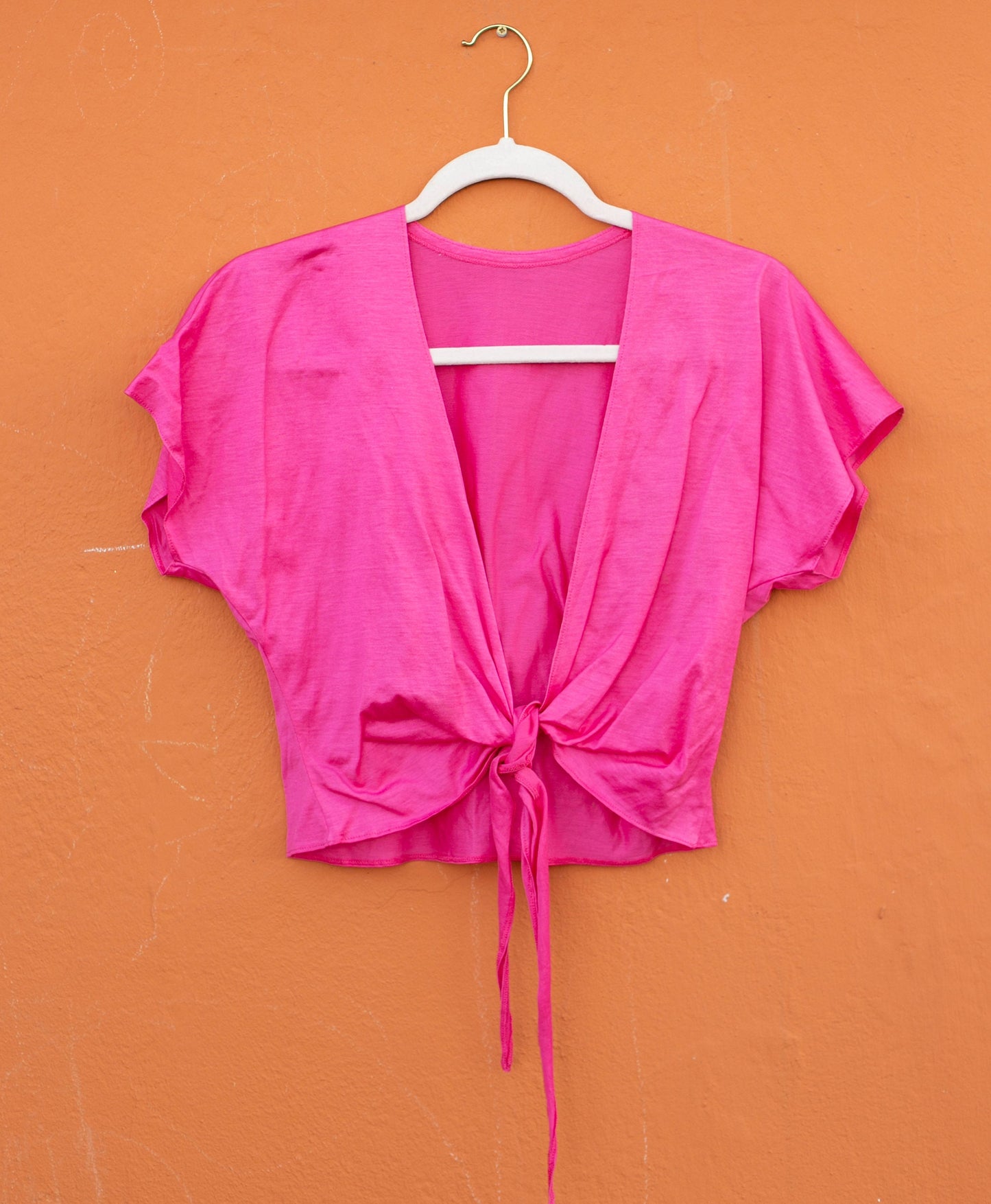 Vibrant Pink Cropped Tie-Front Blouse, Vintage Barbiecore V-Neck Top