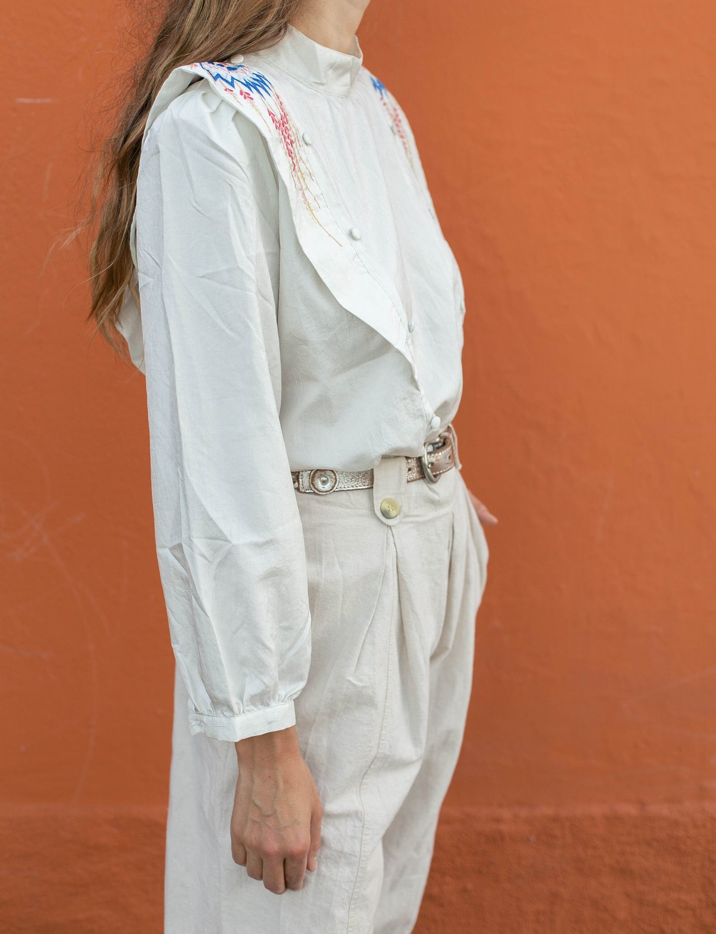 80s vintage woman blouse with shoulders, Bohemian Embroidered Blouse, Statement piece button up top, Vintage woman clothing