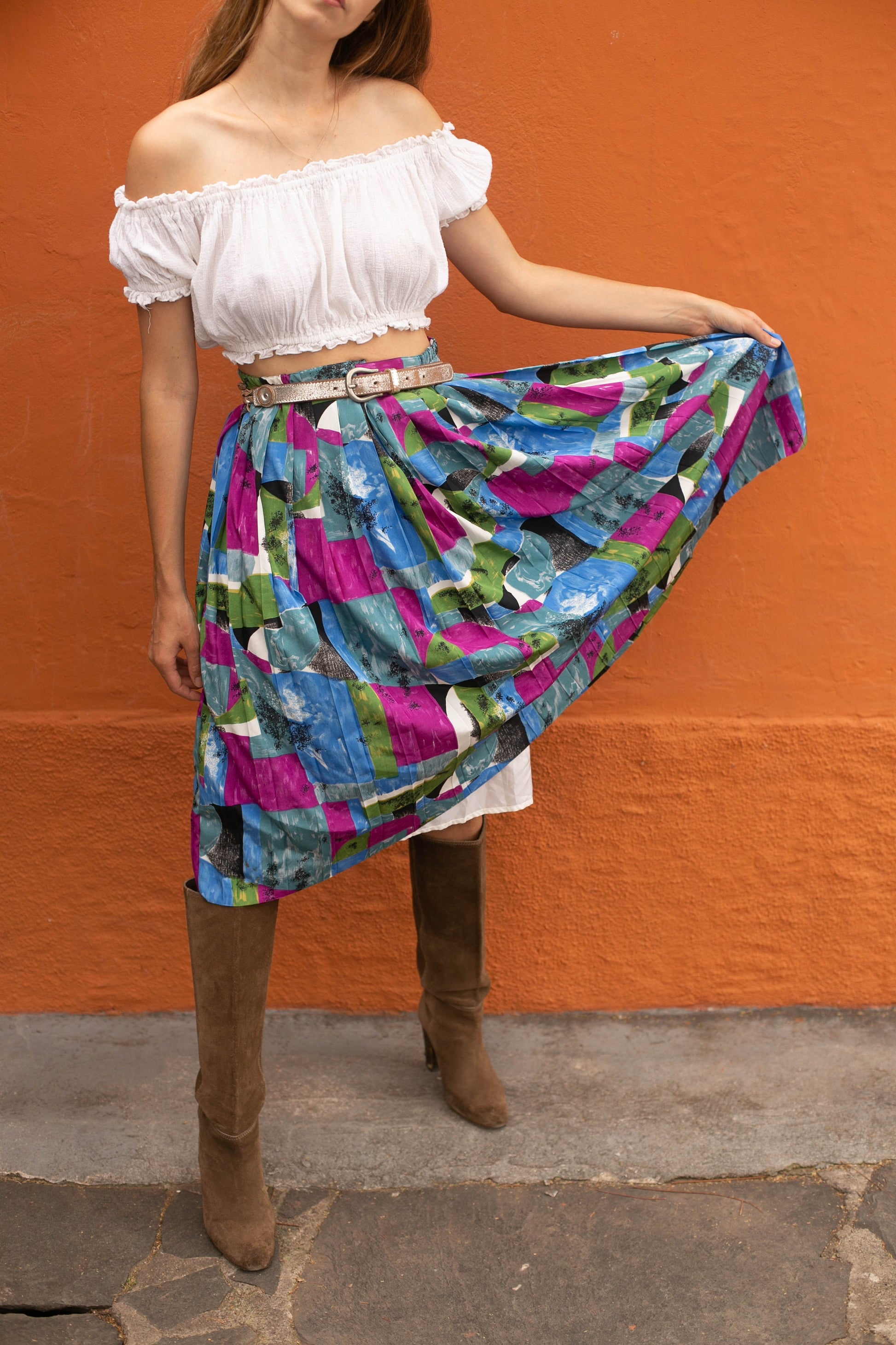 Vintage lightweight summer skirt, midi skirt, High waist spring skirt, Cute unique retro feminine clothing, L