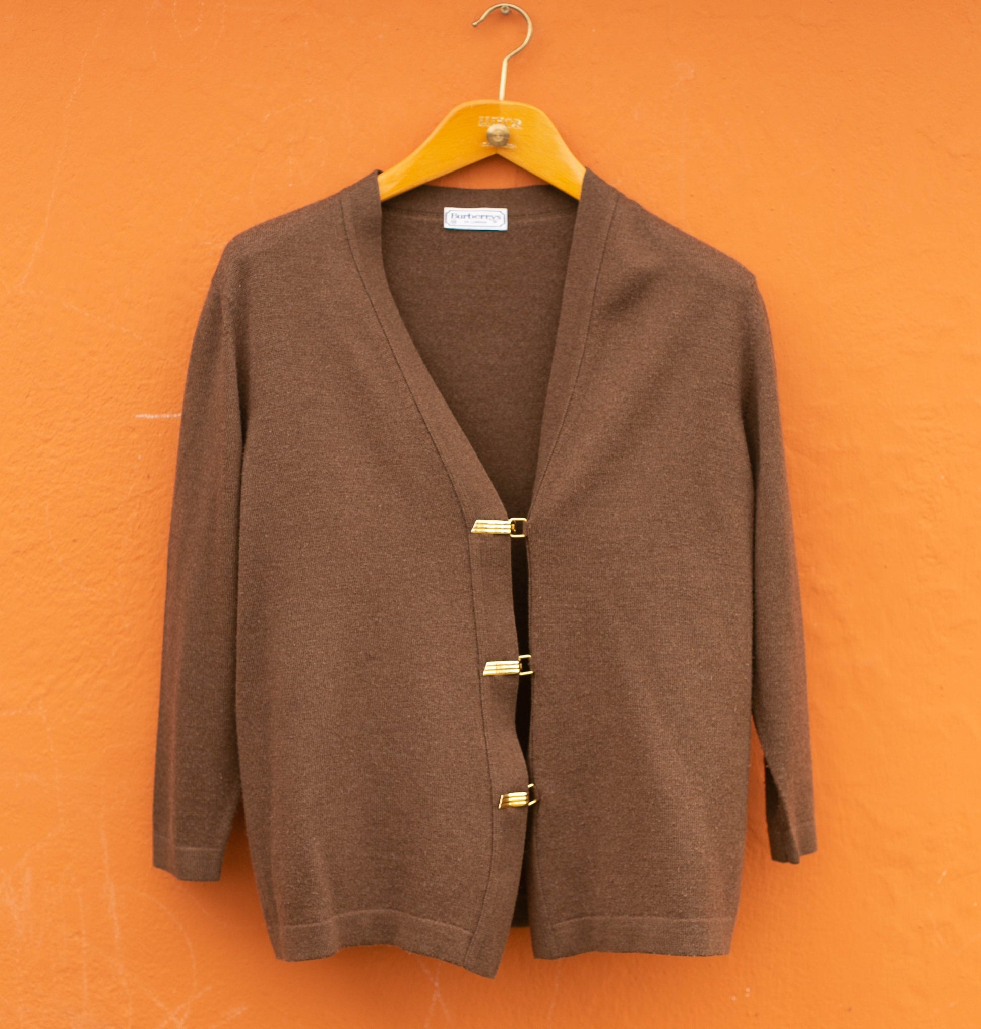 Vintage Burberrys of London Chocolate Merino Wool Cardigan | Gold Clasp Closure | Size 40 (M)