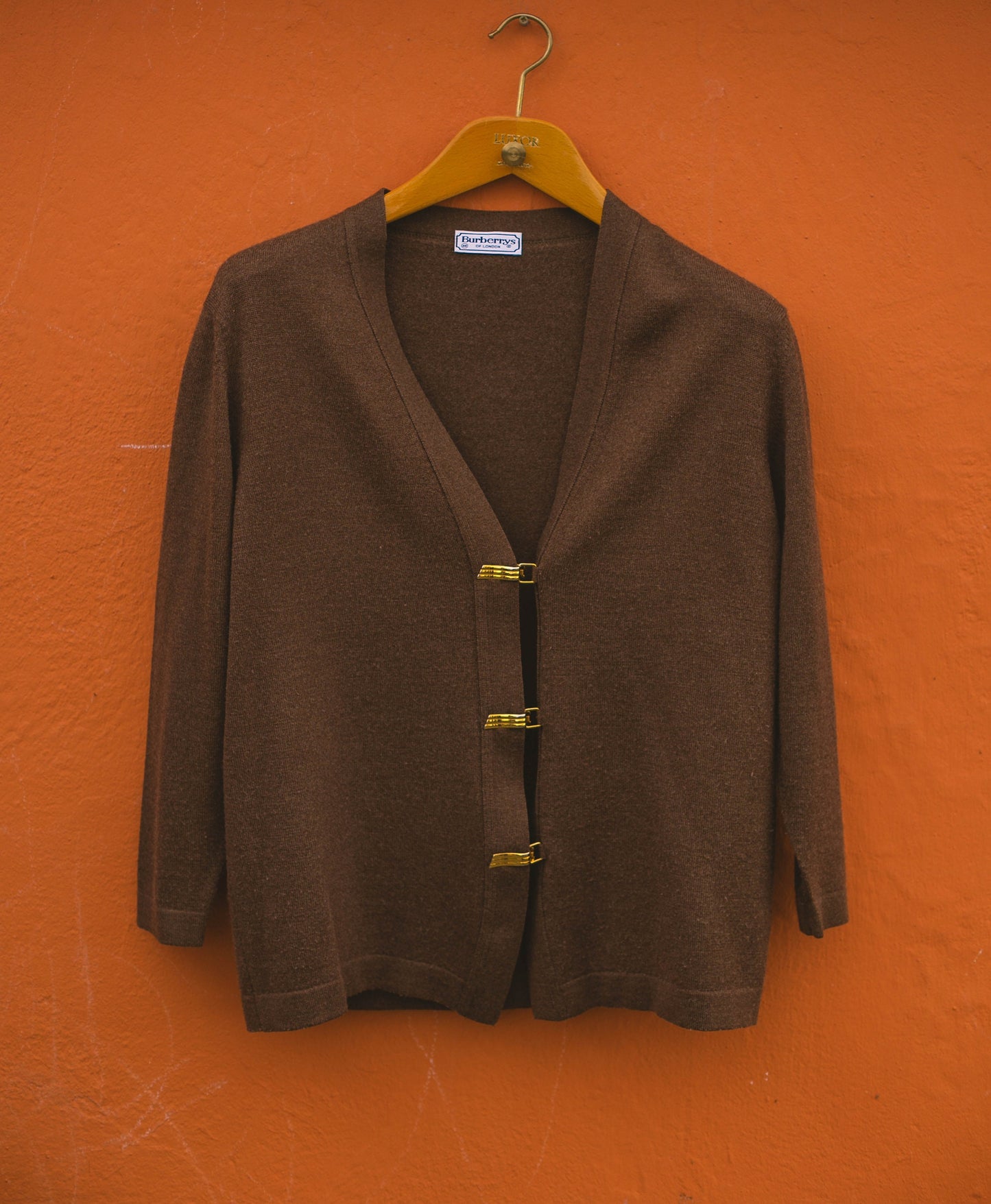 Vintage Burberrys of London Chocolate Merino Wool Cardigan | Gold Clasp Closure | Size 40 (M)