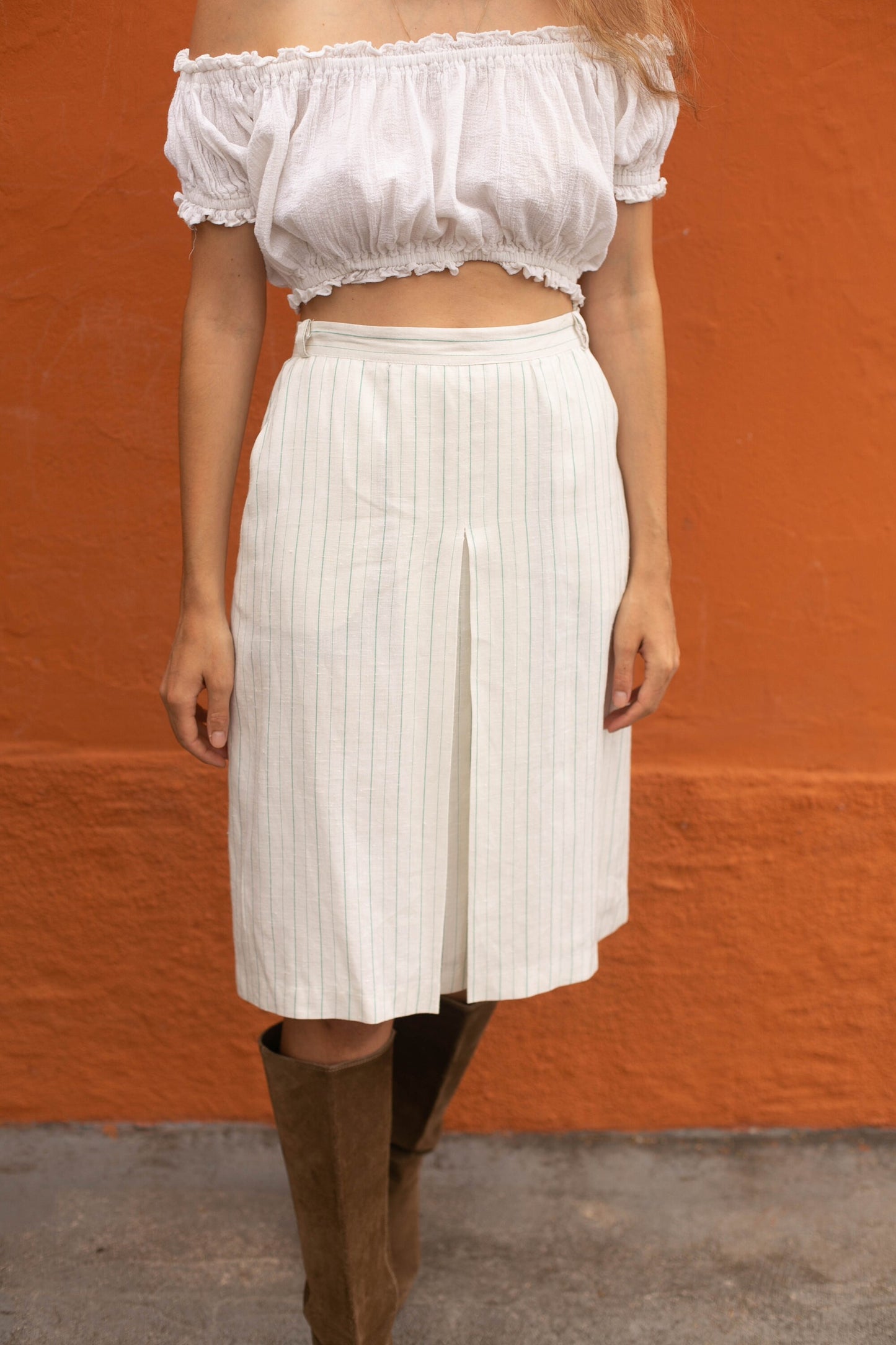 Cottage core linen midi skirt, Elegant high waist skirt, Romantic dreamy summer skirt, Chic Striped Linen-Blend Pencil Skirt, Size USA S