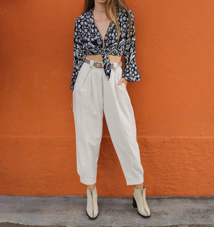 Vintage Boho Floral Crop Blouse, Long Sleeve Tie Front Shirt