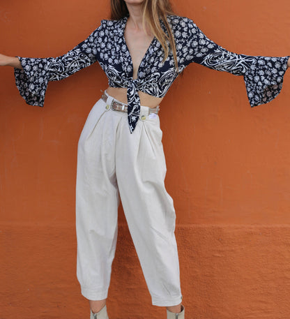 Vintage Boho Floral Crop Blouse, Long Sleeve Tie Front Shirt