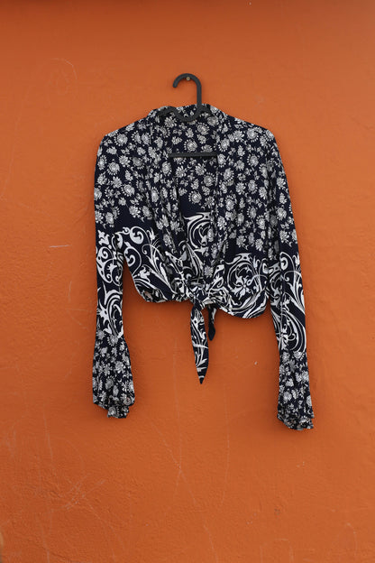 Vintage Boho Floral Crop Blouse, Long Sleeve Tie Front Shirt