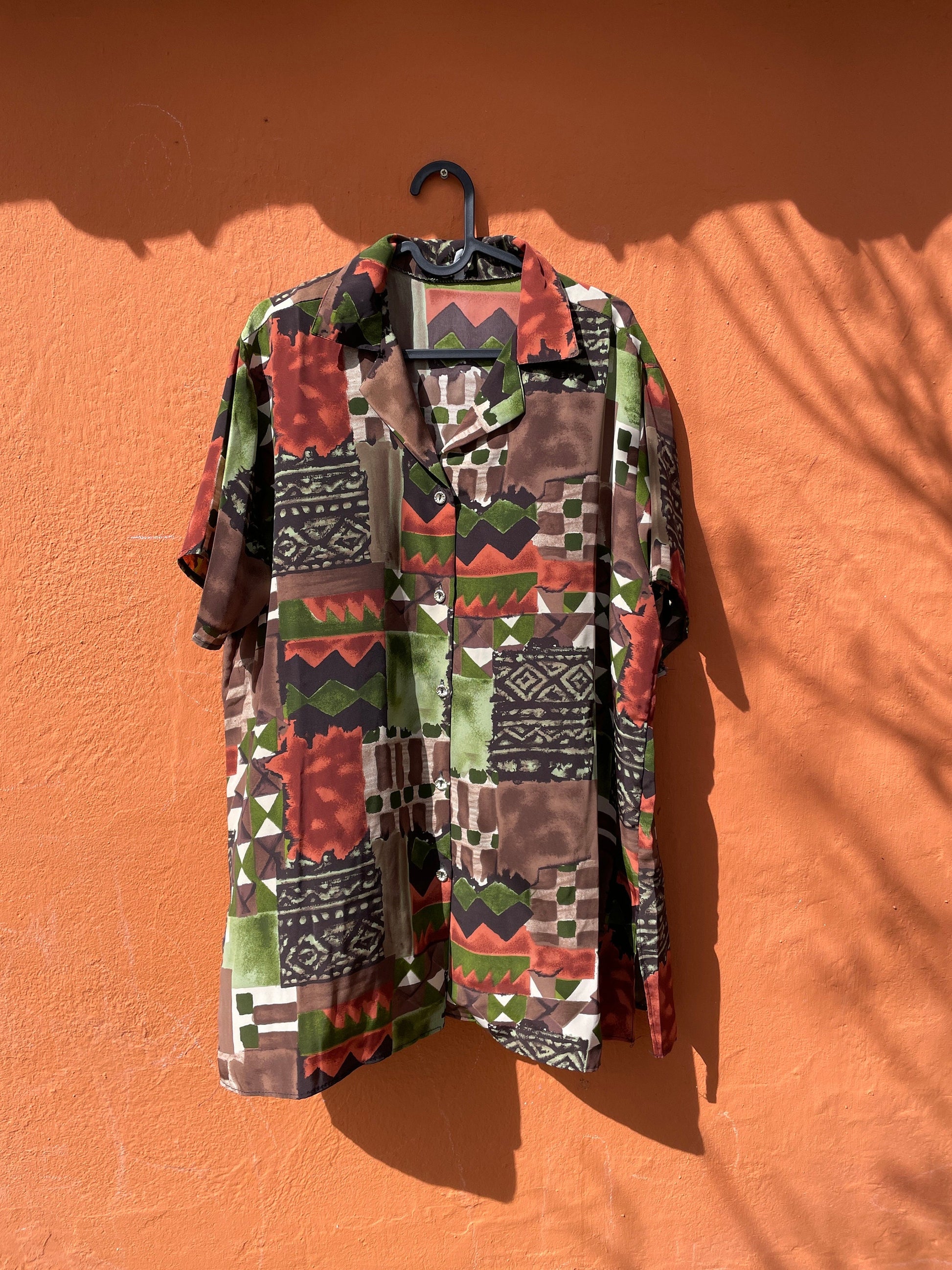 Vintage geometric print oversized blouse – earthy silk blend, retro boho style, abstract patch shirt, 80s top, artsy wear