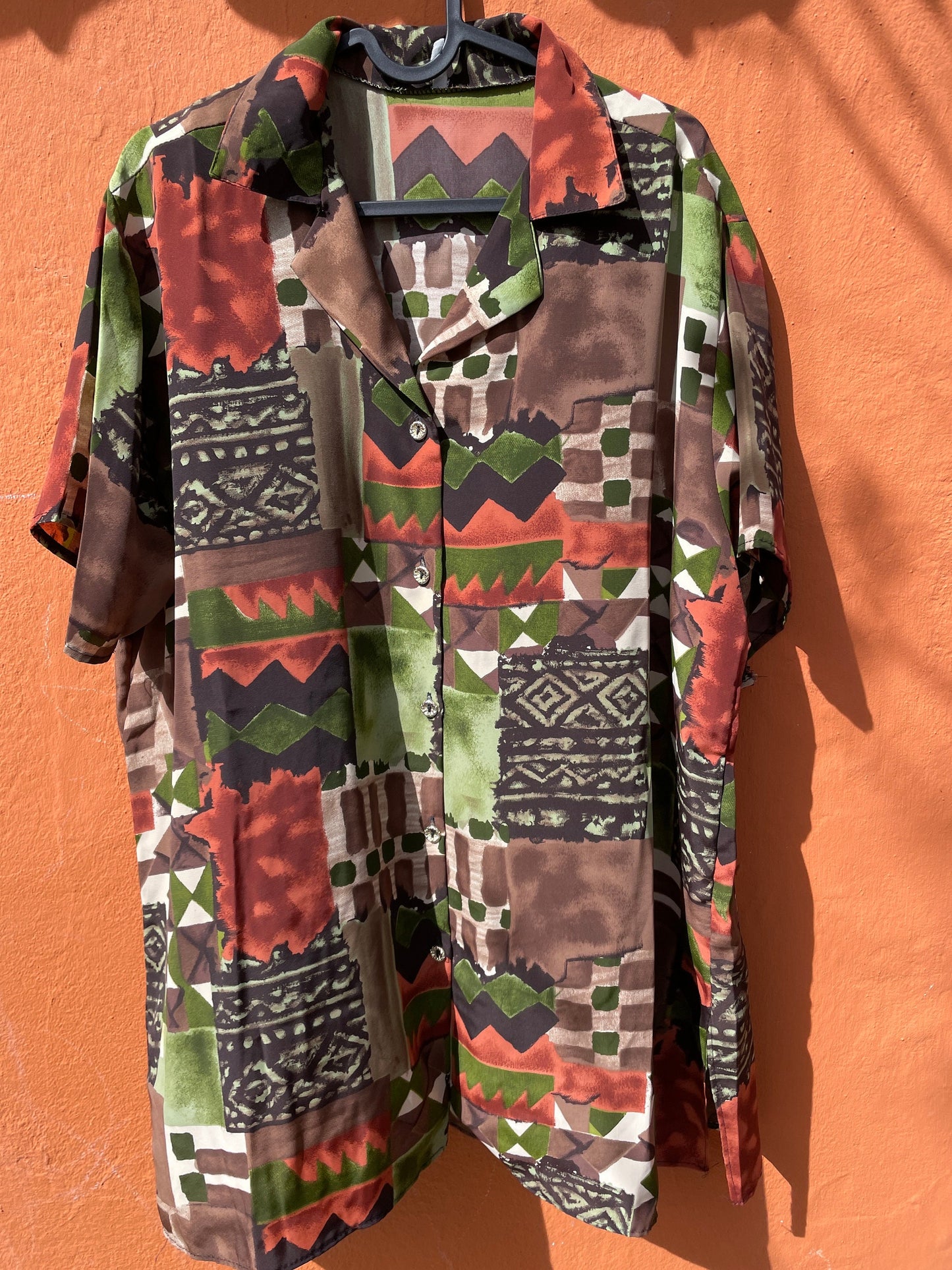 Vintage geometric print oversized blouse – earthy silk blend, retro boho style, abstract patch shirt, 80s top, artsy wear