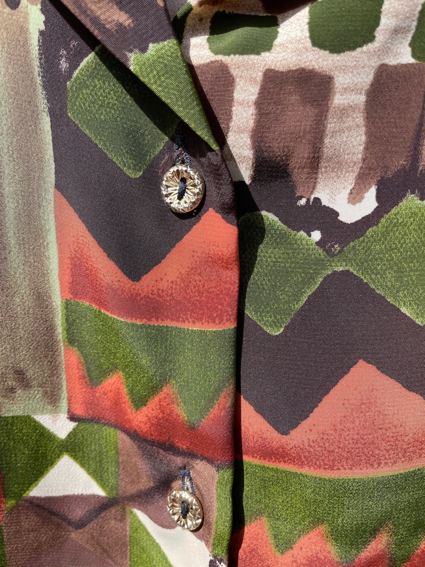 Vintage geometric print oversized blouse – earthy silk blend, retro boho style, abstract patch shirt, 80s top, artsy wear