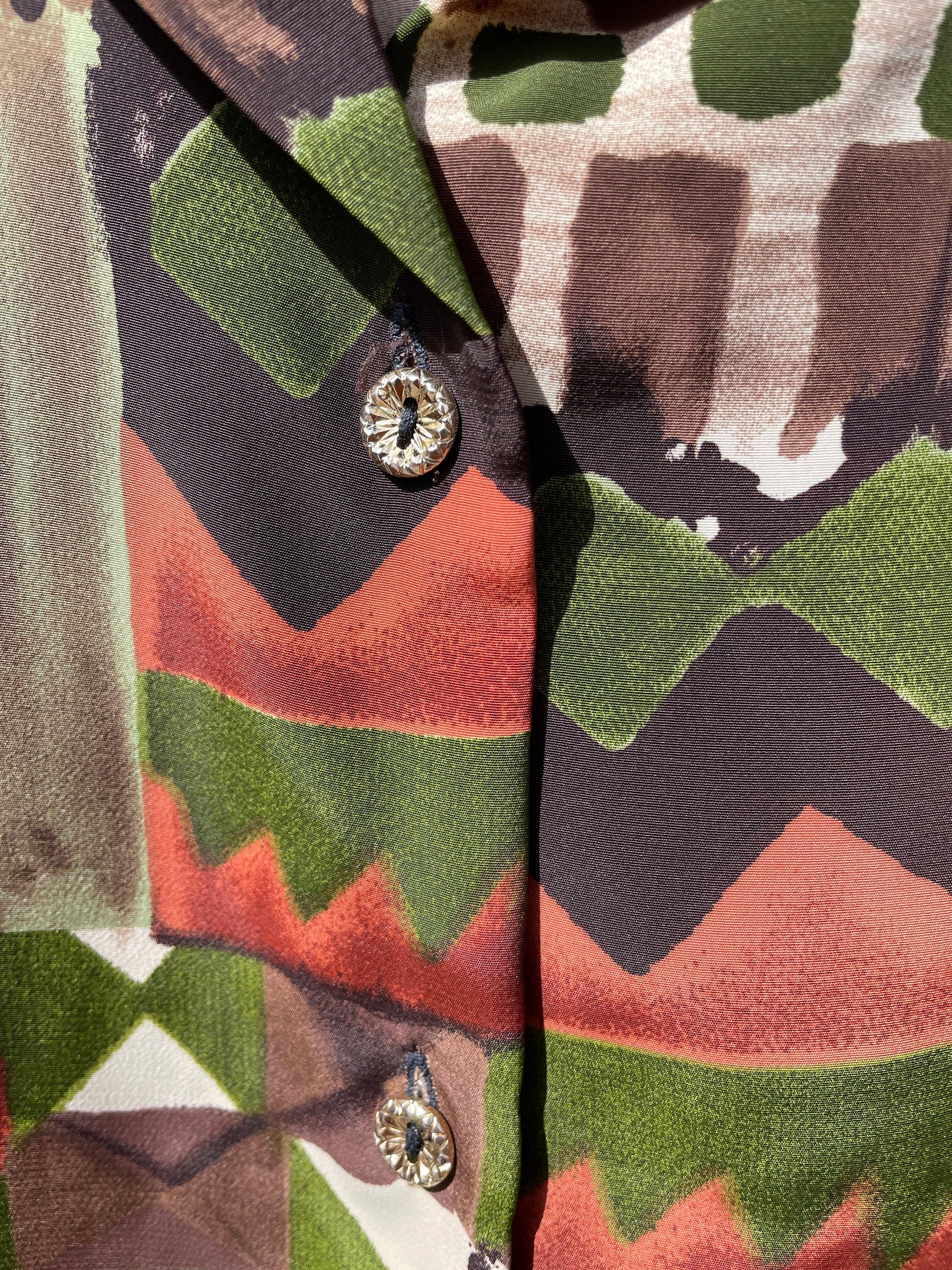 Vintage geometric print oversized blouse – earthy silk blend, retro boho style, abstract patch shirt, 80s top, artsy wear