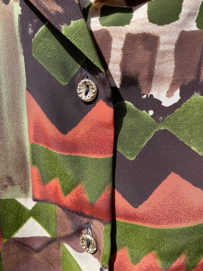 Earthy Silk Blend Geometric Blouse, Vintage 80s Boho Top