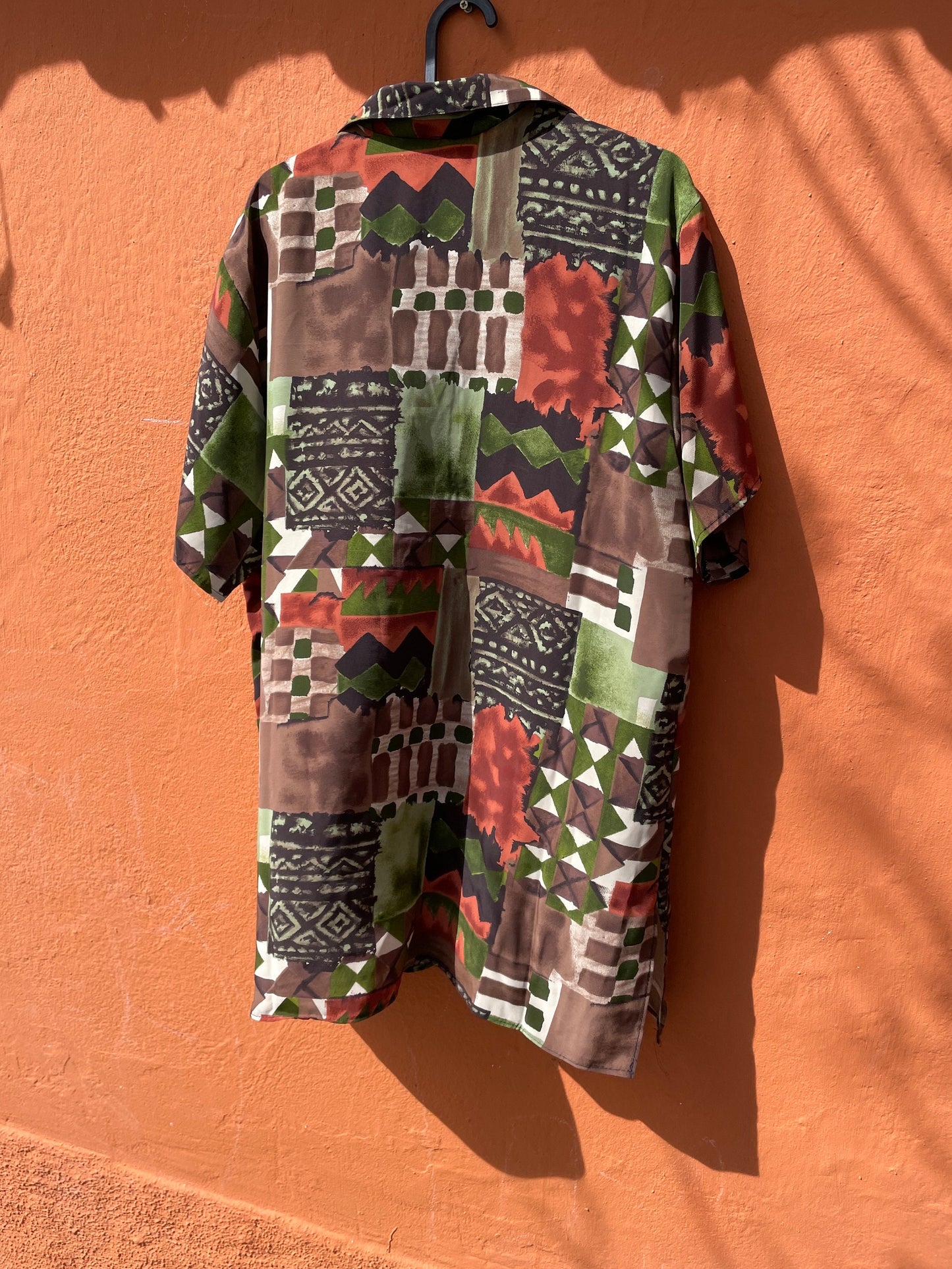 Vintage geometric print oversized blouse – earthy silk blend, retro boho style, abstract patch shirt, 80s top, artsy wear