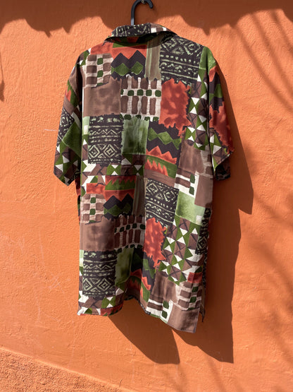 Earthy Silk Blend Geometric Blouse, Vintage 80s Boho Top